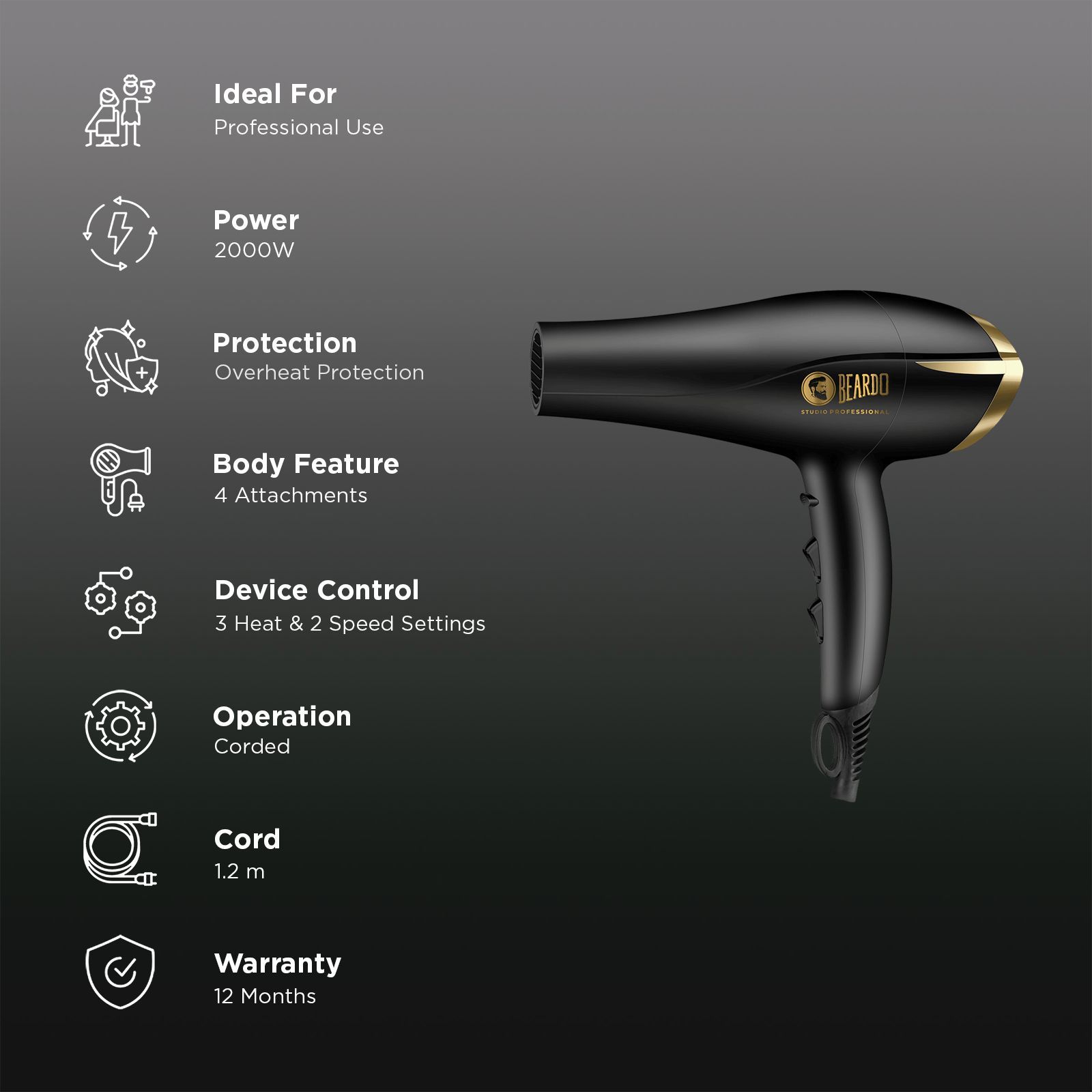 BEARDO Studio Professional Tornado Hair Dryer with 3 Heat Settings & Cool Shot (EHD+ Technology, Black)_3