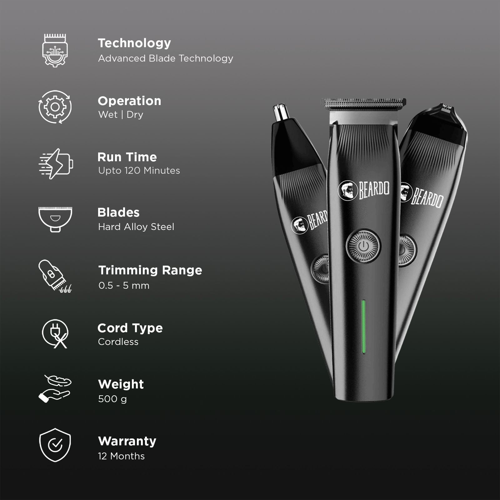 BEARDO Ape-X Prime 3-in-1 Rechargeable Cordless Multipurpose Trimmer for Beard, Face, Nose & Ear for Men (120mins Runtime, Advanced Blade Technology, Black) BEARDO Ape-X Prime 3-in-1 Rechargeable Cordless Multipurpose Trimmer for Beard, Face, Nose & Ear for Men (120mins Runtime, Advanced Blade Technology, Black)_3