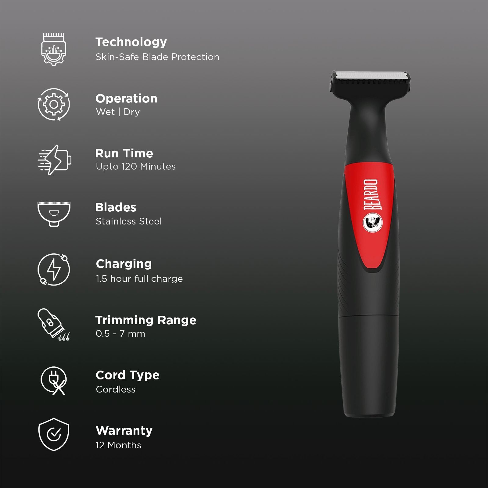 BEARDO I-Blade Rechargeable Cordless Wet & Dry Trimmer for Beard, Body, Hair & Intimate Areas with 4 Length Settings for Men (120 mins Runtime, Fast Charging, Black)_3