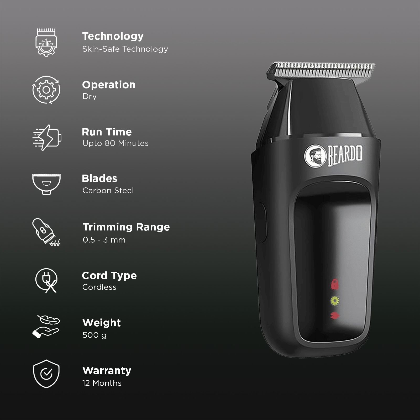 BEARDO ApeX Go Rechargeable Cordless Dry Trimmer for Beard, Body & Hair with 3 Length Settings for Men (80mins Runtime, Skin-Safe Technology, Black)_3