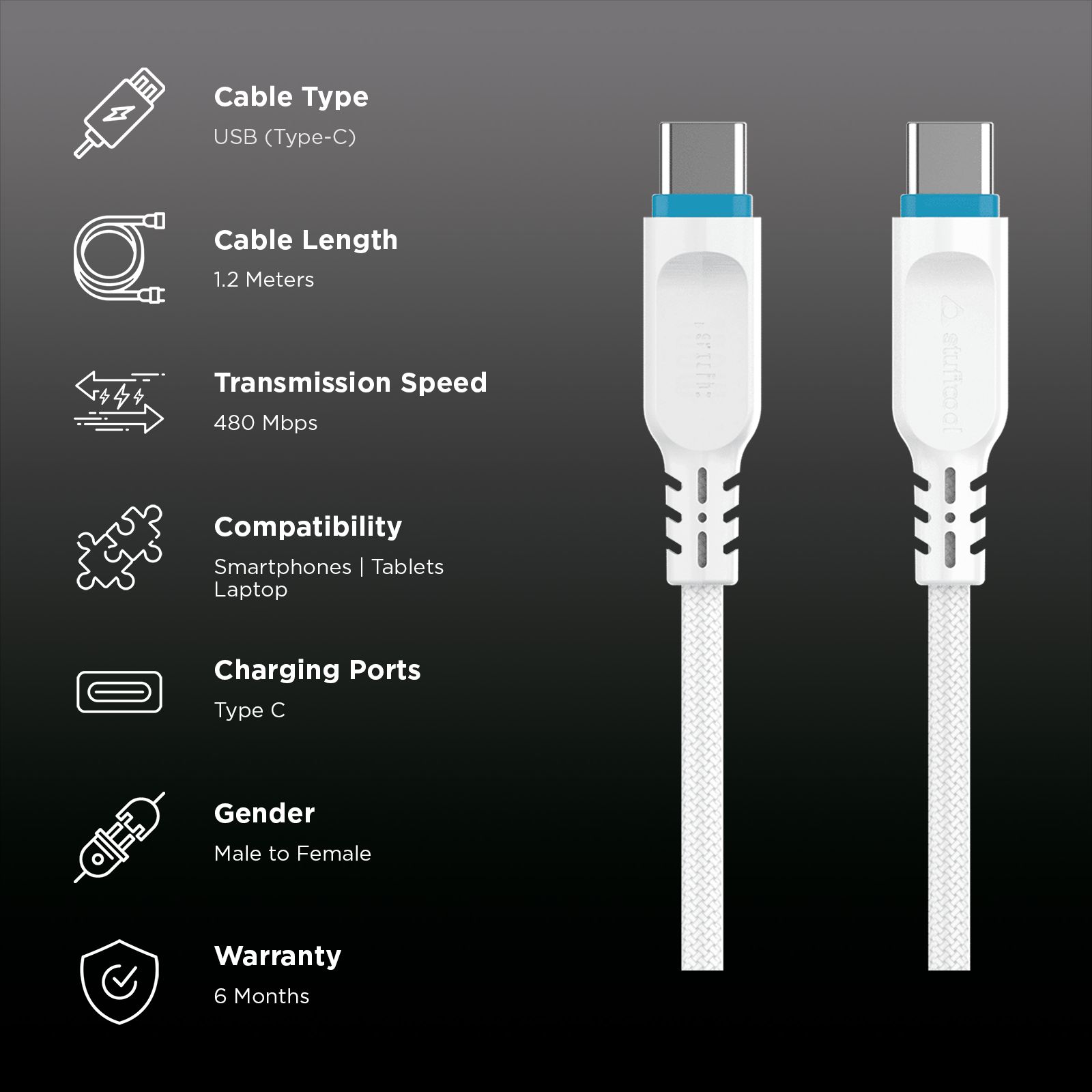 stuffcool Tug Type C to Type C 3.93 Feet (1.2M) Cable (Sync & Charge, White)_2
