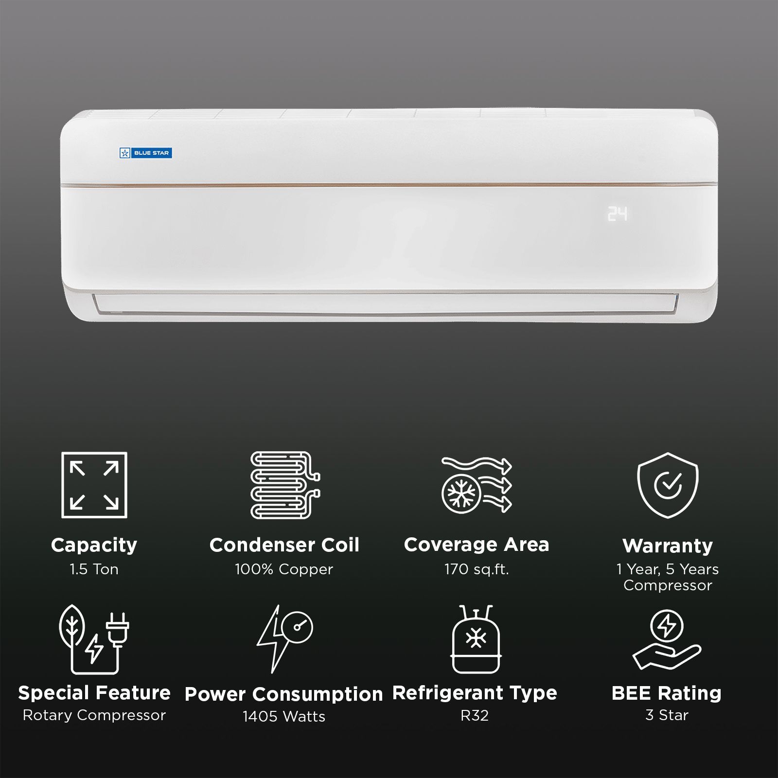 Blue Star V Series 1.5 Ton 3 Star Fixed Speed Split AC (2025 Model, Copper Condenser, Anti-Bacteria Filter, FC318VNU)_2