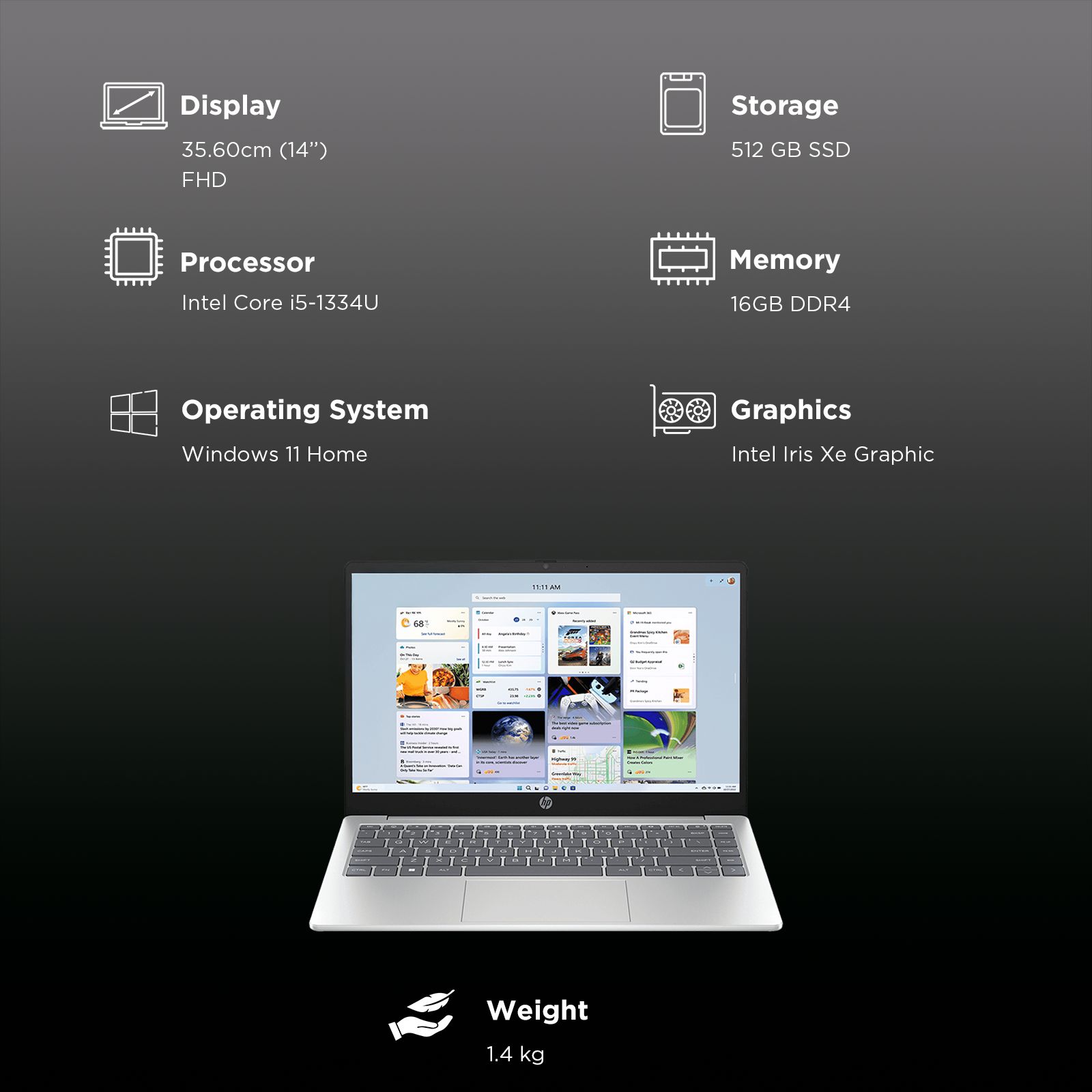 HP Core 14-gr0002TU Intel Core i5 13th Gen Thin & Light Laptop (16GB, 512GB SSD, Windows 11 Home, 14 inch, Full HD Display, MS Office Home 2024, Natural Silver, 1.40 KG)_3