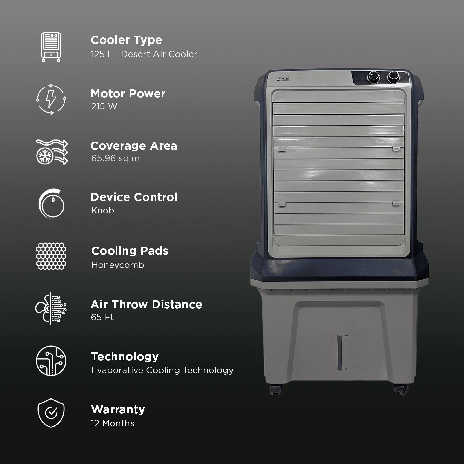 Croma AZ 1801 125 Litres Desert Air Cooler (Inverter Compatible, Grey)_3