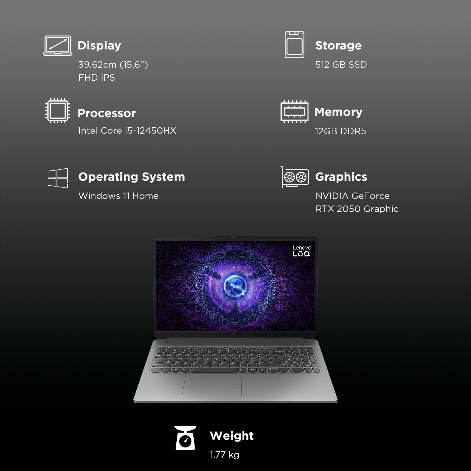 Lenovo LOQ 15IAX9E Intel Core i5 12th Gen Gaming Laptop (12GB, 512GB SSD, Windows 11 Home, 4GB Graphics, 15.6 inch 144 Hz Full HD IPS Display, NVIDIA GeForce RTX 2050, MS Office Home 2024, Luna Grey, 1.77 KG)_3