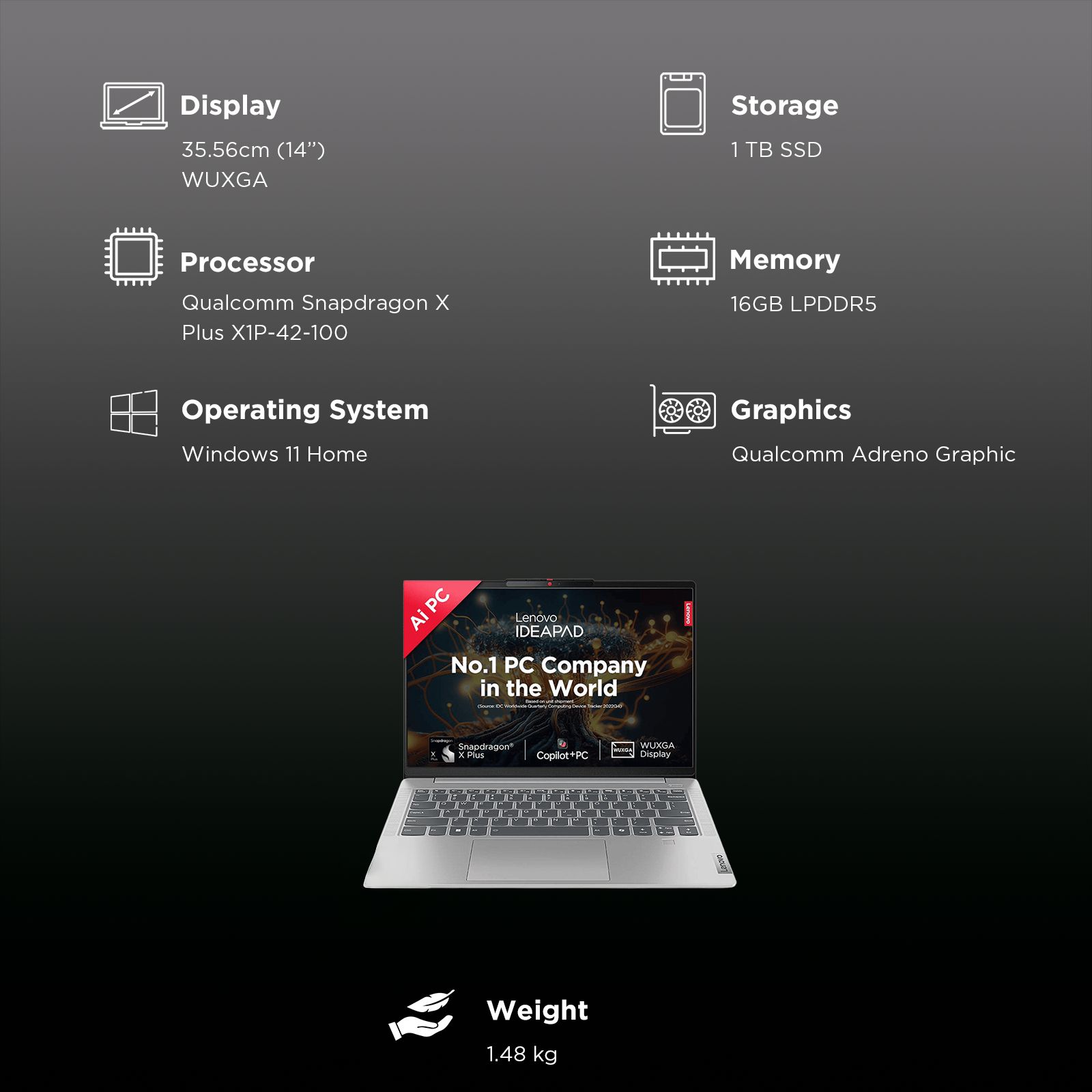 Lenovo IdeaPad Slim 5 14Q8X9 Qualcomm Snapdragon X Plus Thin & Light Laptop (16GB, 1TB SSD, Windows 11 Home, 14 inch WUXGA IPS Display, MS Office Home 2024, Cloud Grey, 1.48 KG)_3