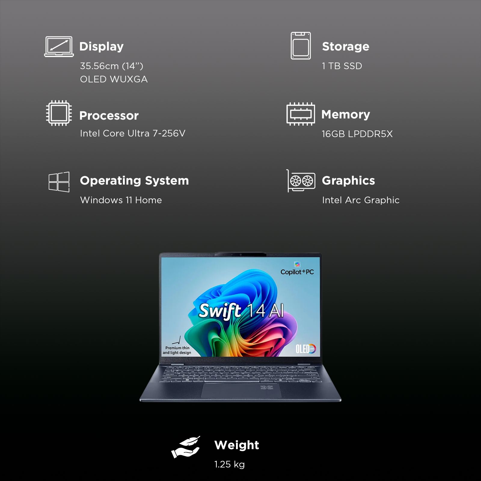 acer Swift 14 AI SF14-51 Intel Core Ultra 7 Thin & Light Laptop (16GB, 1TB SSD, Windows 11 Home, 14 inch OLED WUXGA Display, MS Office, Steam Blue, 1.28 KG)_3