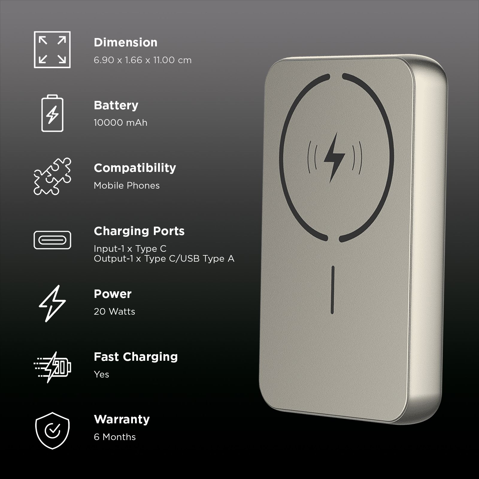 stuffcool Click 10 10000 mAh 20W Fast Charging Power Bank (1 Type A Port, 1 Type C Port, LED Display, Titanium)_3