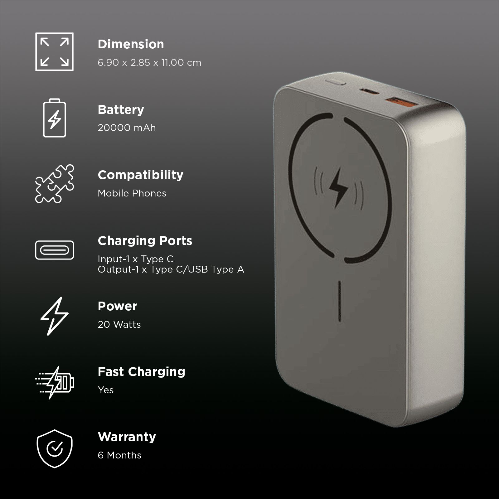 stuffcool Click 20 20000 mAh 20W Fast Charging Power Bank (1 Type A Port, 1 Type C Port, LED Display, Titanium)_3