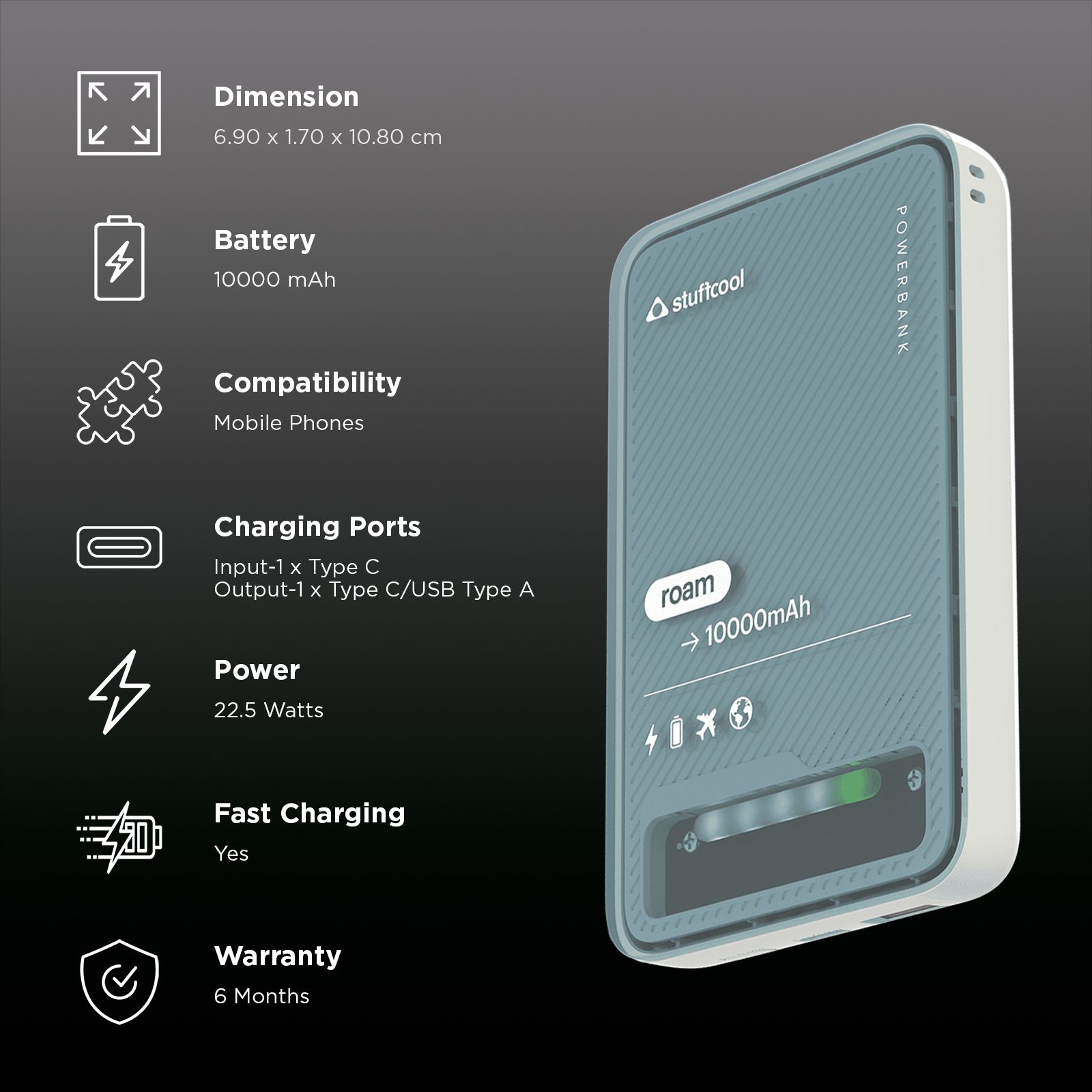 stuffcool Roam 10000 mAh 22.5W Fast Charging Power Bank (1 Type A Port, 1 Type C Port, LED Indicator, White) stuffcool Roam 10000 mAh 22.5W Fast Charging Power Bank (1 Type A Port, 1 Type C Port, LED Indicator, White)_3