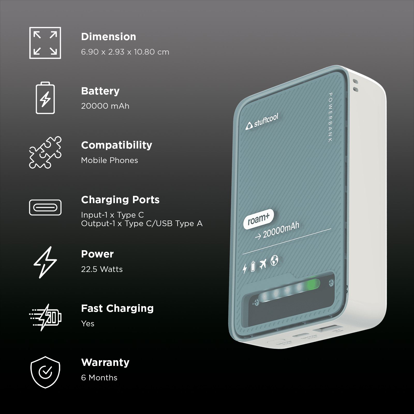 stuffcool Roam Plus 20000 mAh 22.5W Fast Charging Power Bank (1 Type A Port, 1 Type C Port, LED Indicator, White)_3