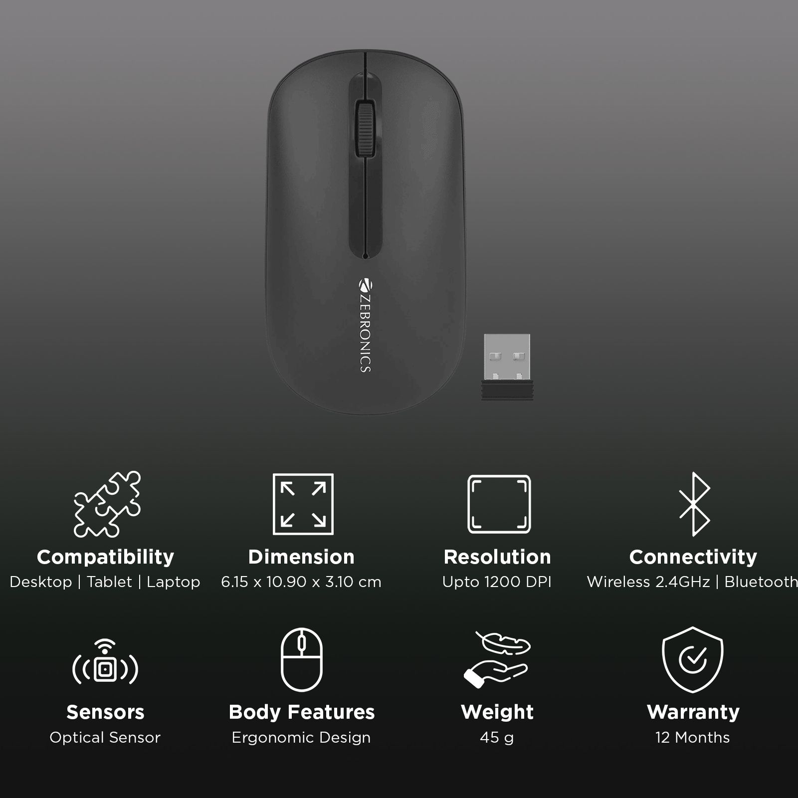 ZEBRONICS Zeb-Pulse Wireless Optical Mouse (1200 DPI, Dual Connectivity, Black) ZEBRONICS Zeb-Pulse Wireless Optical Mouse (1200 DPI, Dual Connectivity, Black)_3