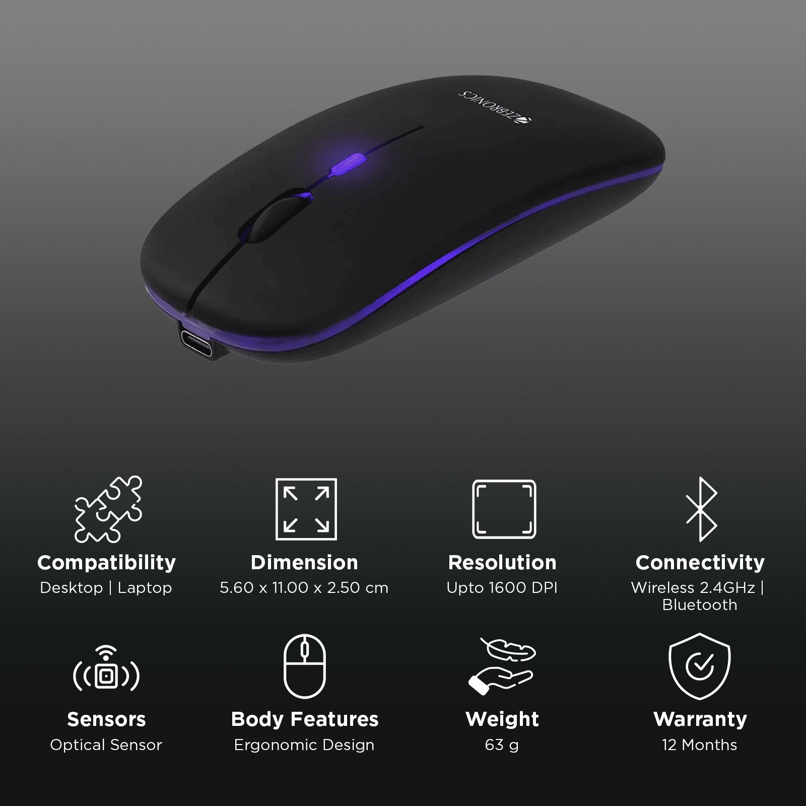 ZEBRONICS Zeb-Blanc Rechargeable Wireless Optical Mouse with Type C Adapter (1600 DPI, Silent Operation, Black)_3