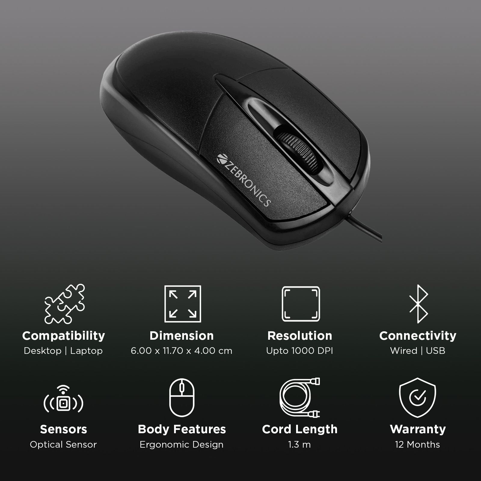 ZEBRONICS Zeb-Byte Wired Optical Mouse (1000 DPI, Ergonomic Design, Black)_3