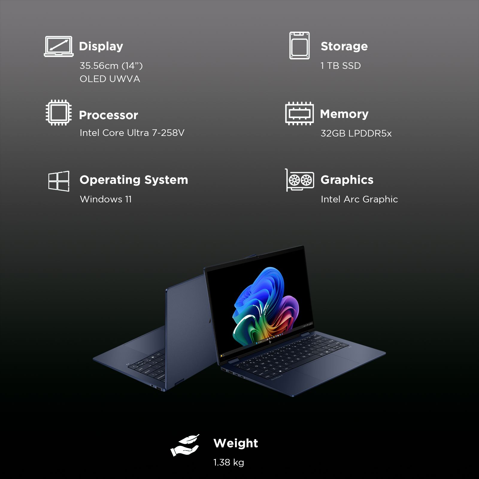 HP OmniBook X Flip Intel Core Ultra 7 Touchscreen Thin & Light Laptop (32GB, 1TB SSD, Windows 11 Home, 14 inch 3K OLED Display, MS Office Home 2024, Atmospheric Blue, 1.38 KG)_3