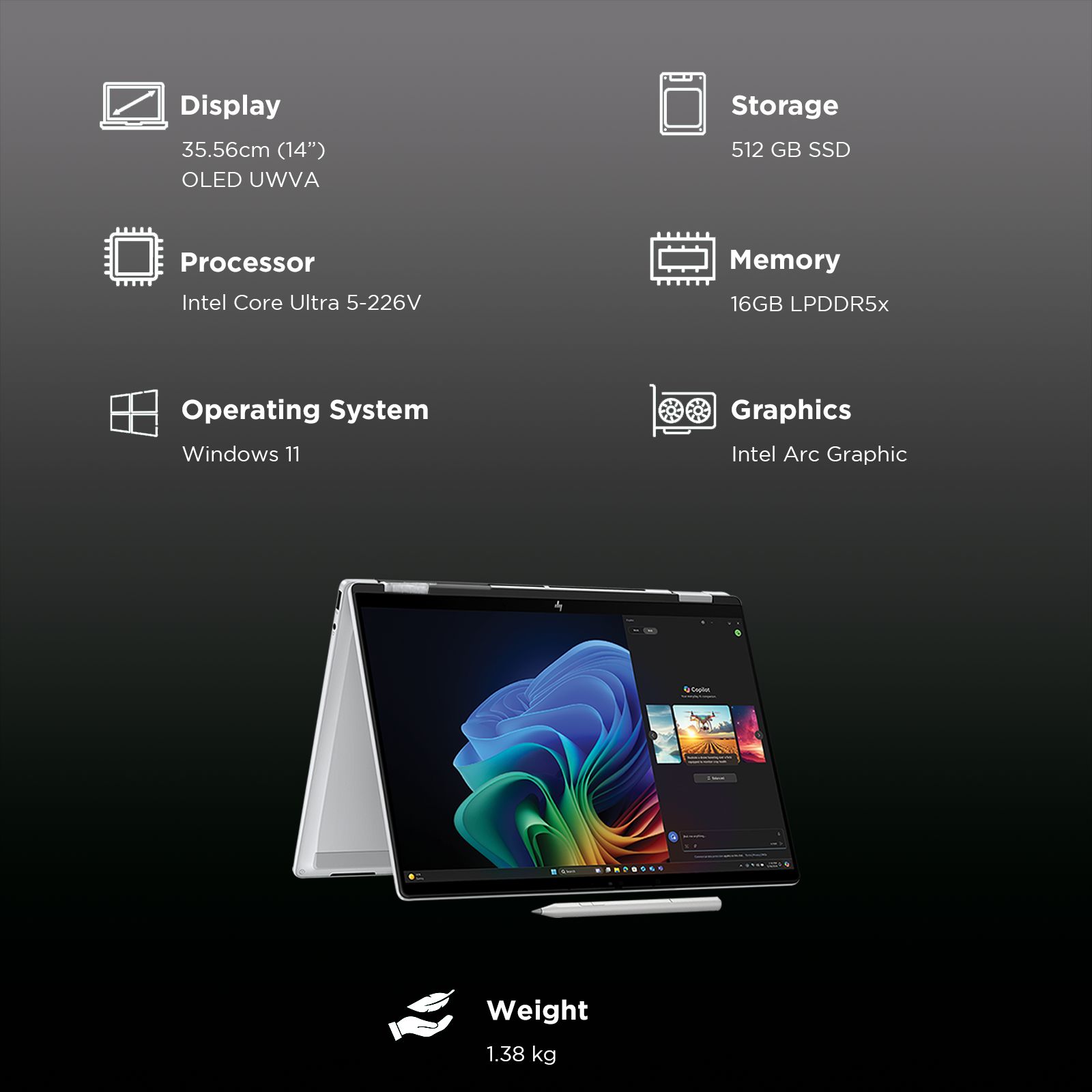 HP OmniBook X Flip 14-fm0058TU Intel Core Ultra 5 Touchscreen Thin & Light Laptop (16GB, 512GB SSD, Windows 11 Home, 14 inch 3K OLED Display, MS Office Home 2024, Glacier Silver, 1.38 KG)_3