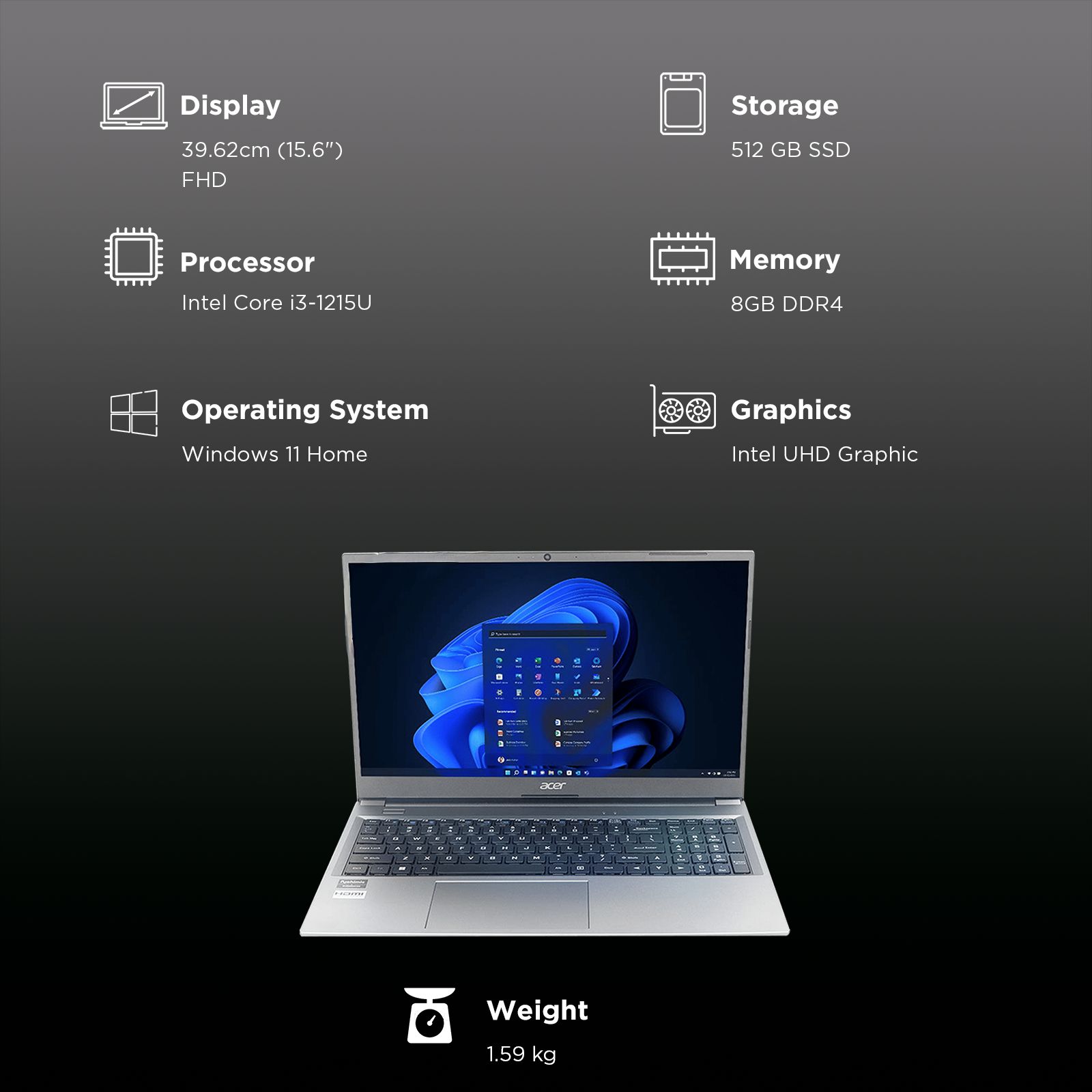 acer Aspire Lite AL15-52 Intel Core i3 12th Gen Thin & Light Laptop (8GB RAM, 512GB SSD, Windows 11 Home, 15.6 inch Full HD Display, MS Office, Steel Gray, 1.59 KG)_3