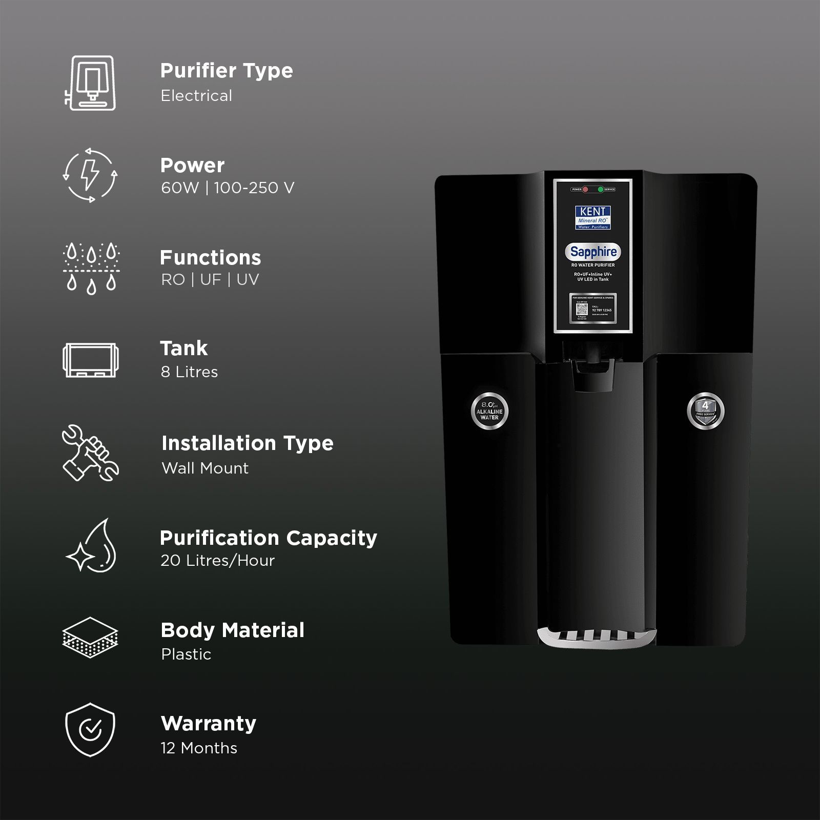 KENT Sapphire 8L RO + UV + UF + TDS Control + Alkaline Water Purifier with UV LED (Black)_3
