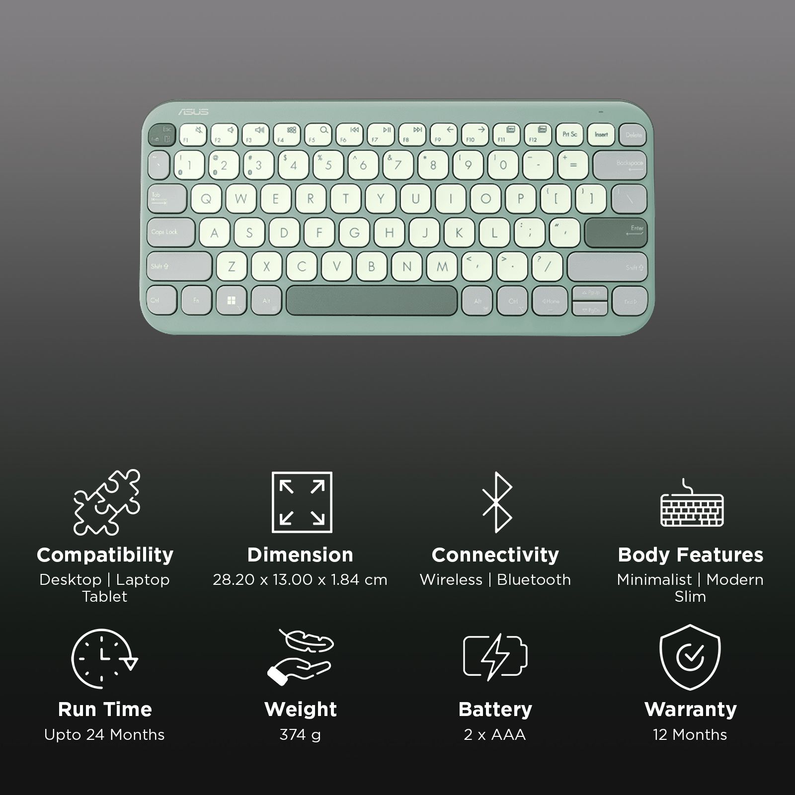 ASUS Marshmallow KW100-GTL Bluetooth 5.0 Wireless Keyboard with Up to 3 Devices Connectivity (1.6mm Travel Distance, Green Tea Latte)_3