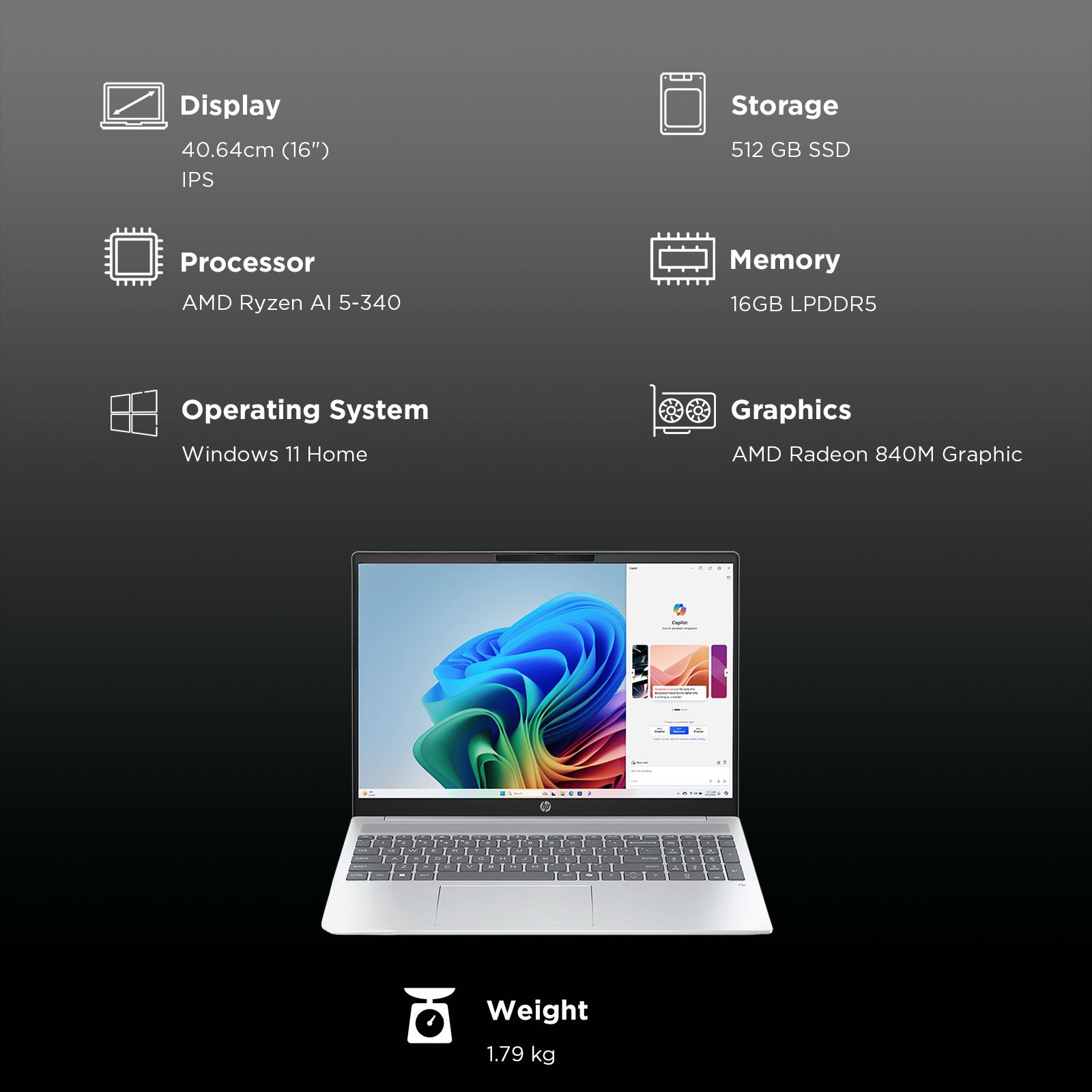 HP OmniBook 5 16-ag1037AU AMD Ryzen AI 5 Thin & Light Laptop (16GB, 512GB SSD, Windows 11 Home, 16 inch 2K IPS Display, MS Office Home 2024, Glacier Silver, 1.79 KG)_3