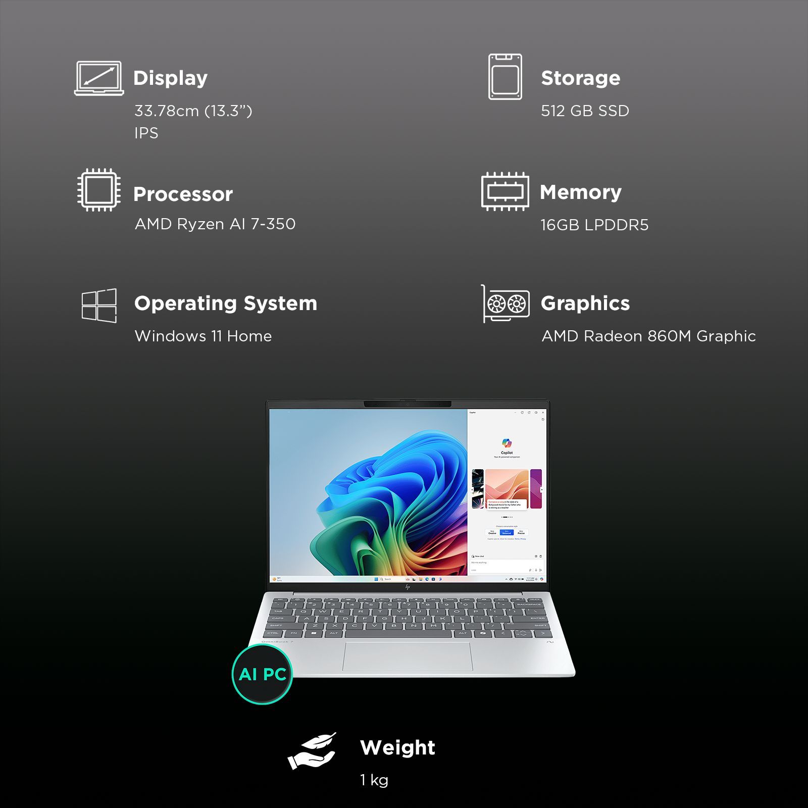 HP OmniBook 7 13-bg1456AU AMD Ryzen AI 7 Thin & Light Laptop (16GB, 512GB SSD, Windows 11 Home, 13.3 inch WQXGA IPS Display, MS Office Home 2024, Glacier Silver, 1 KG)_3