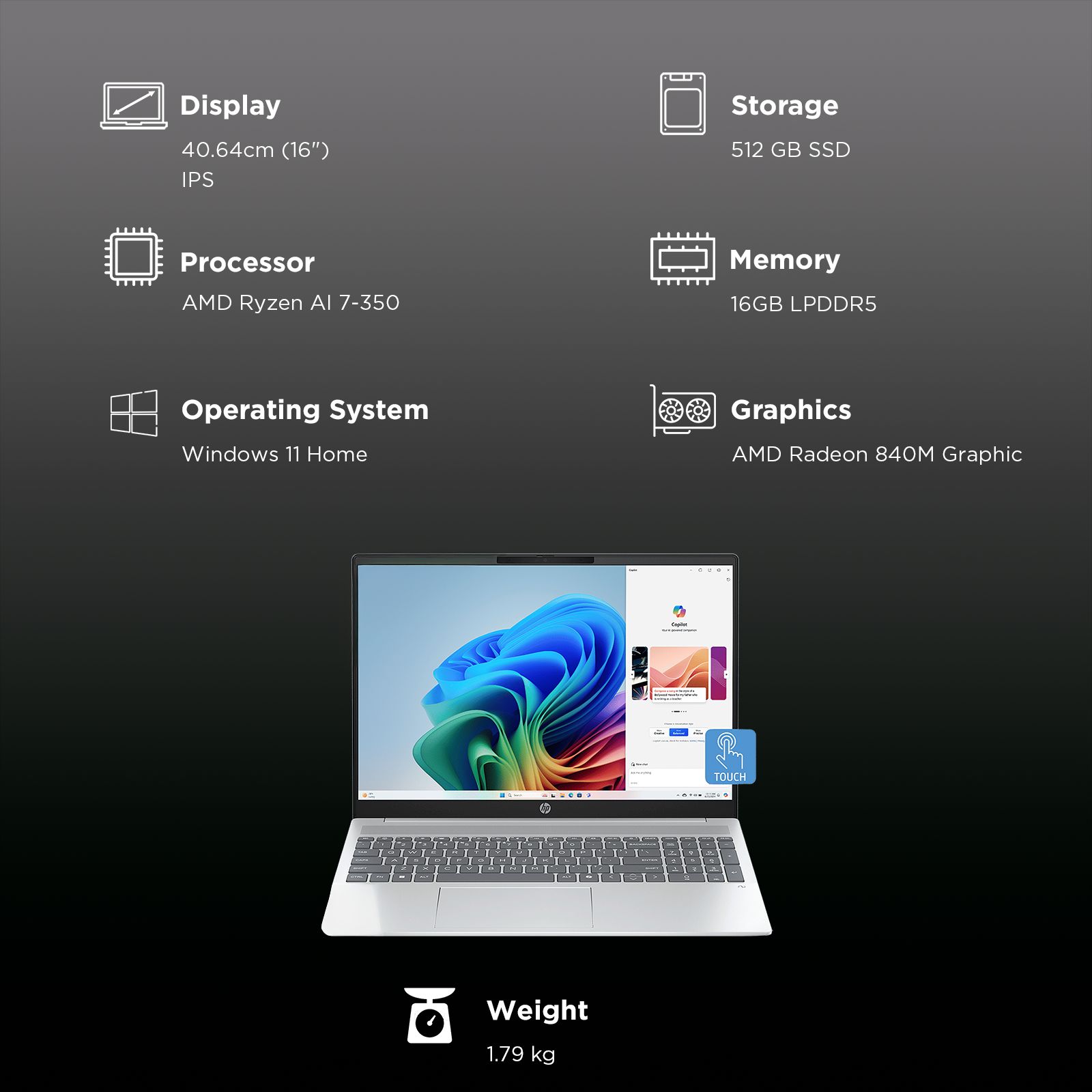 HP OmniBook 5 16-ag1048AU AMD Ryzen AI 7 Touchscreen Thin & Light Laptop (16GB, 512GB SSD, Windows 11 Home, 16 inch 2K IPS Display, MS Office Home 2024, Glacier Silver, 1.79 KG)_3