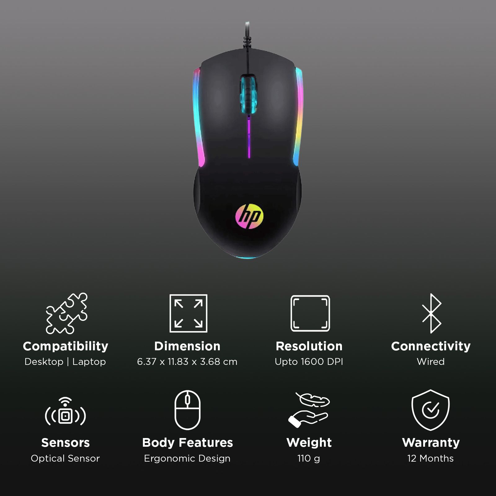 HP M160 Wired Gaming Mouse with LED Backlight (1600 DPI Adjustable, Ergonomic Design, Black)_3