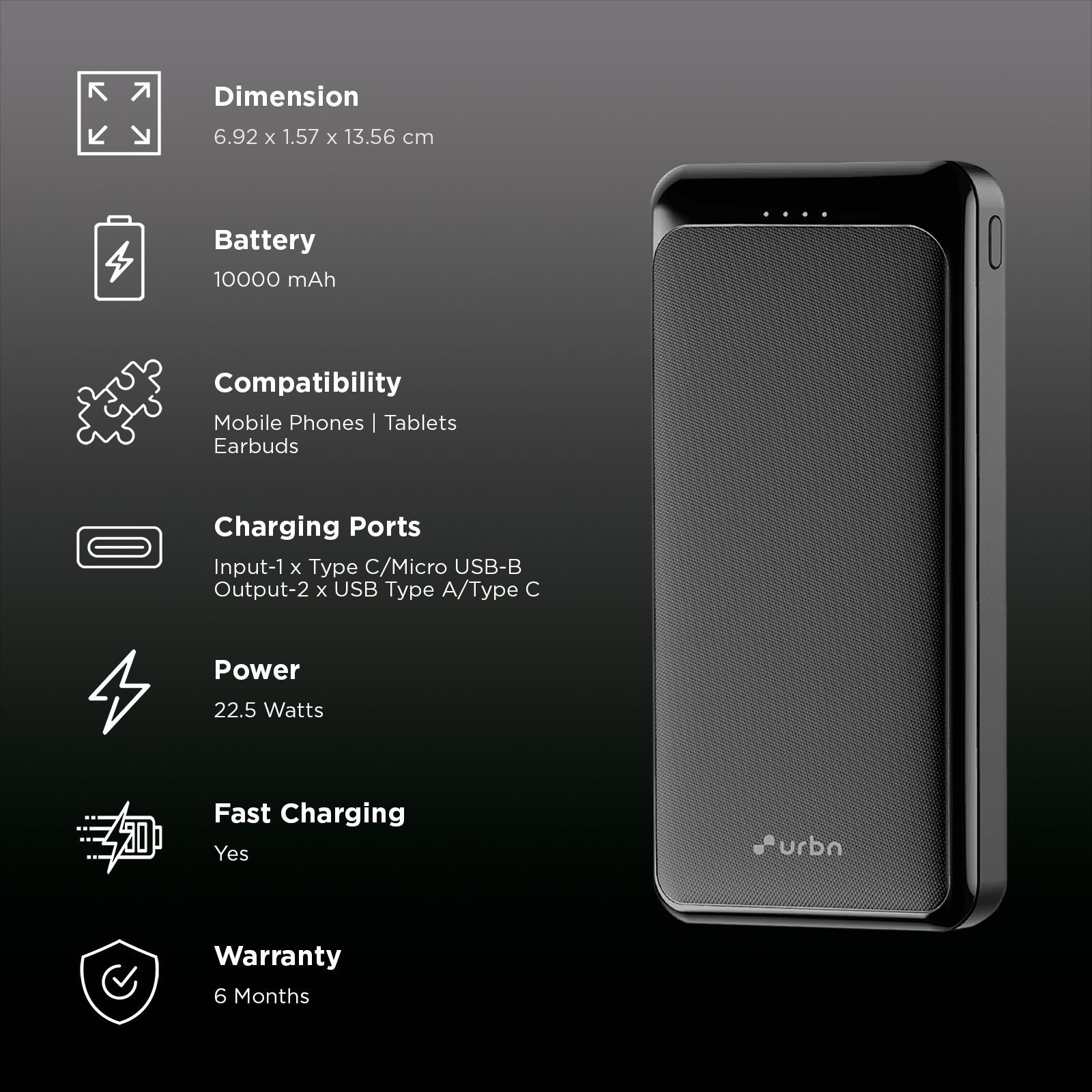 urbn 10000 mAh 22.5W Fast Charging Power Bank (1 Type C, 1 Micro USB & 2 Type A Port, 12 Layers Circuit Protection, Black)_3
