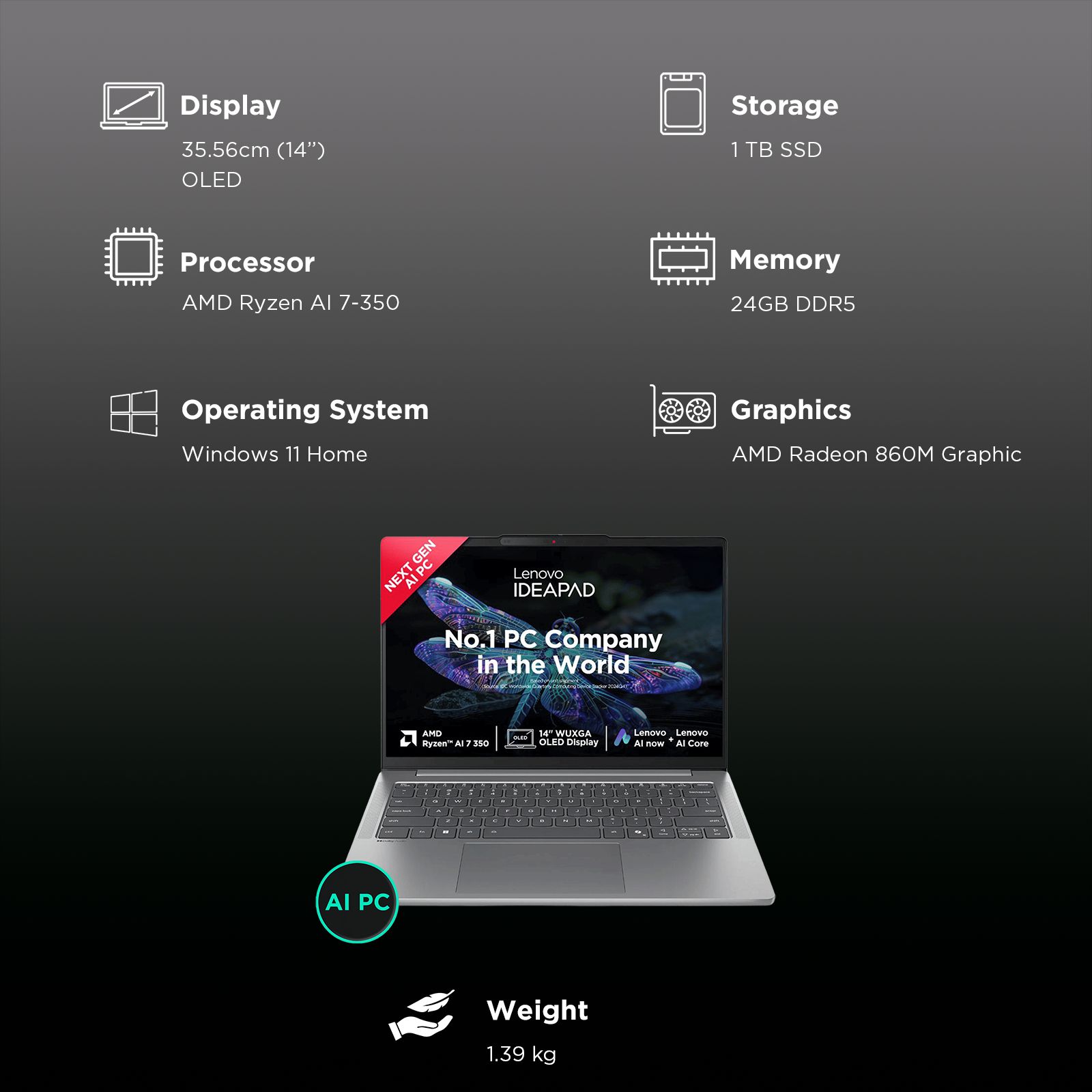 Lenovo IdeaPad Slim 5 14AKP10 AMD Ryzen AI 7 Thin & Light Laptop (24GB, 1TB SSD, Windows 11 Home, 14 inch WUXGA OLED Display, MS Office Home 2024, Luna Grey, 1.39 KG) Lenovo IdeaPad Slim 5 14AKP10 AMD Ryzen AI 7 Thin & Light Laptop (24GB, 1TB SSD, Windows 11 Home, 14 inch WUXGA OLED Display, MS Office Home 2024, Luna Grey, 1.39 KG)_3