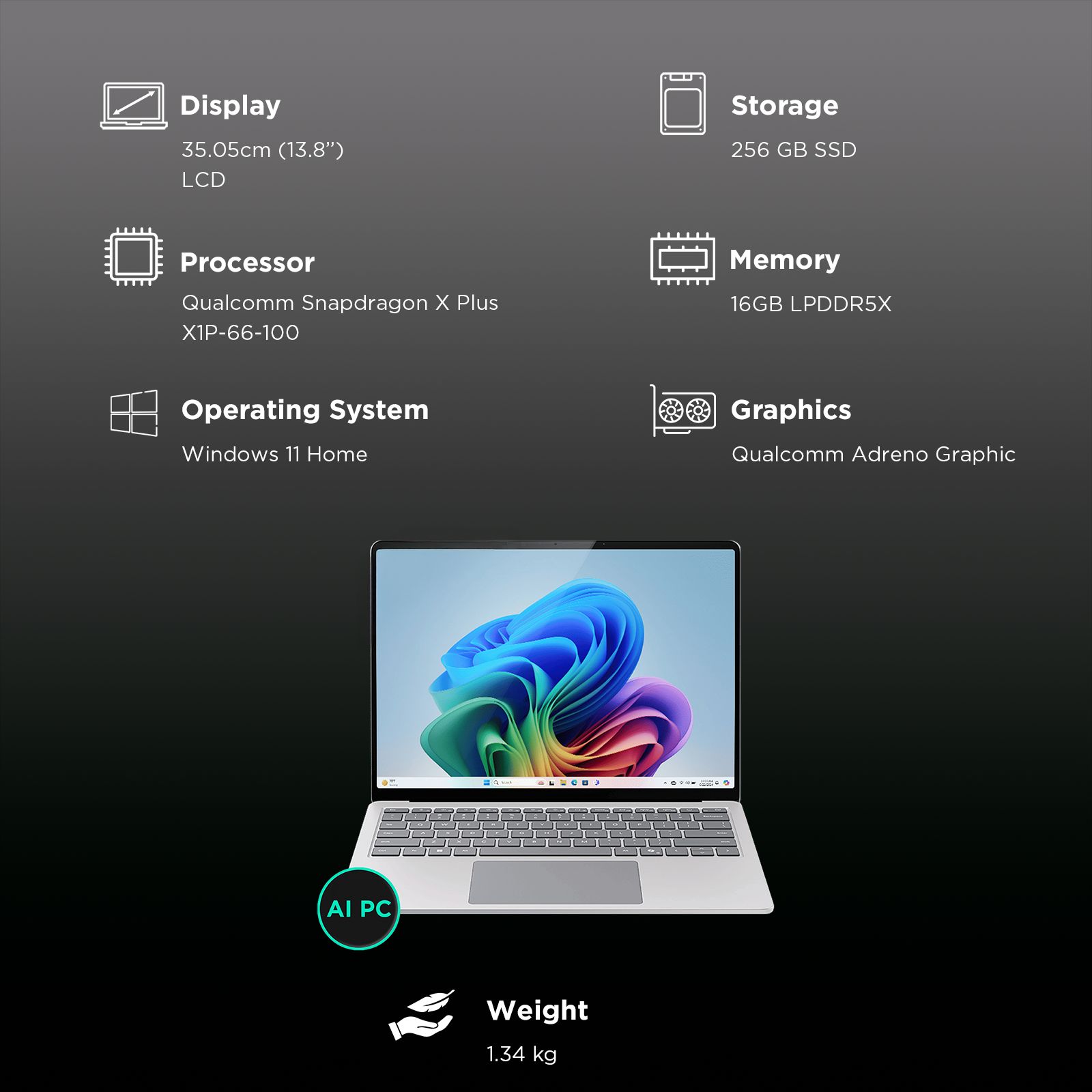 Microsoft Surface 7th Edition Qualcomm Snapdragon X Plus Touchscreen Thin & Light Laptop (16GB, 256GB SSD, Windows 11 Home, 13.8 inch LCD Display, Platinum, 1.34 KG)_3