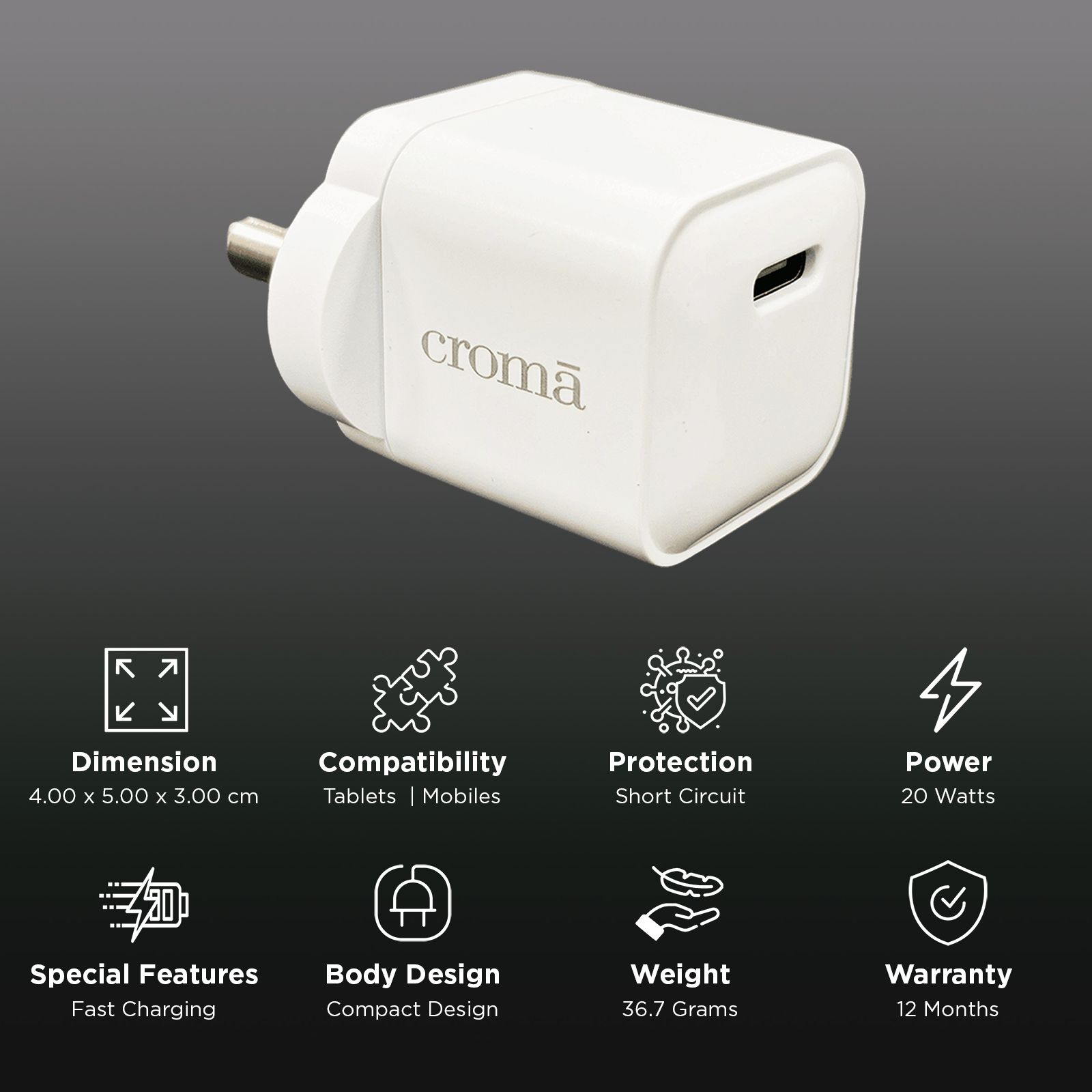 Croma 20W Type C Port Fast Charger (Type C to Type C Cable, GaN Technology, White)_3