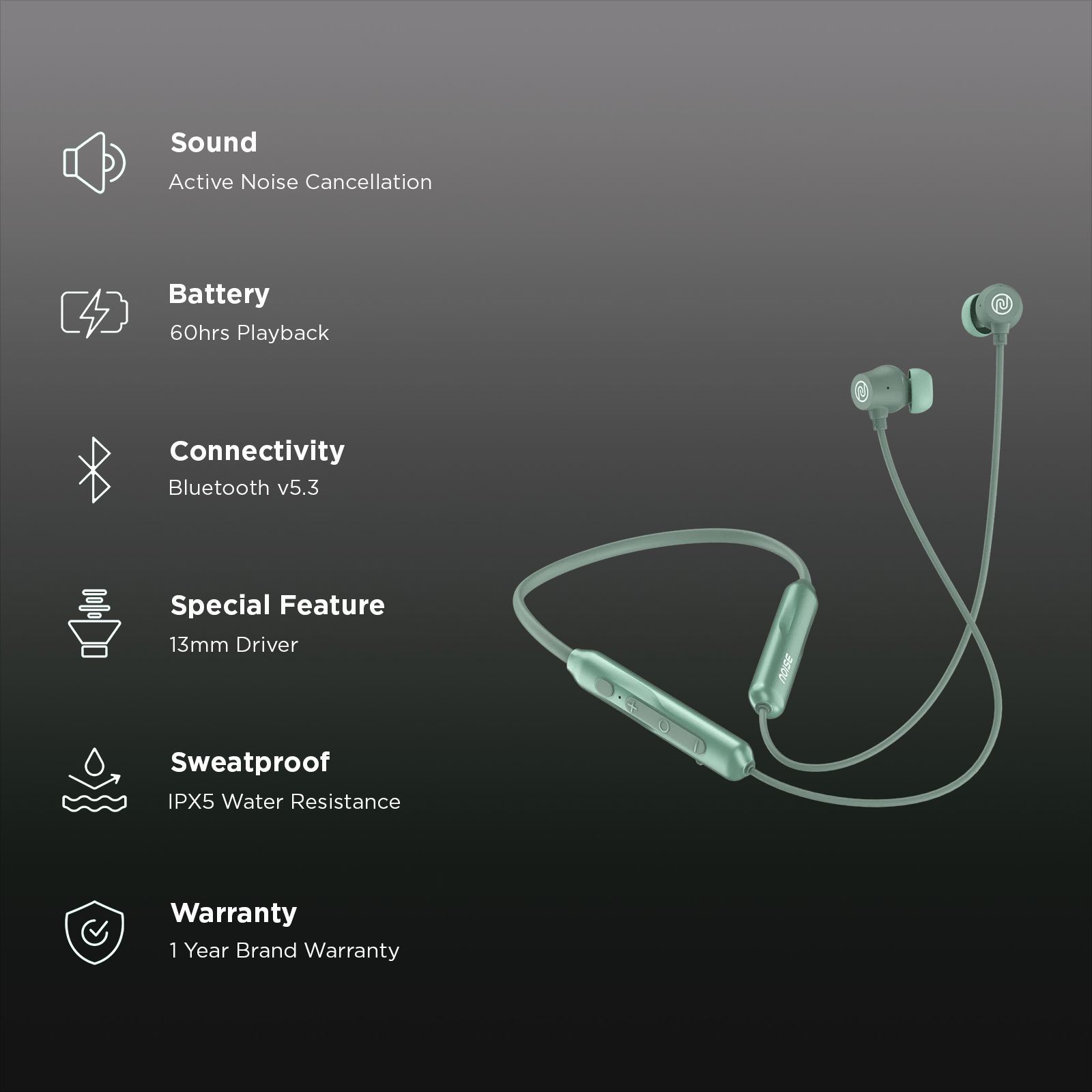 noise Airwave Pro Neckband with Active Noise Cancellation (IPX5 Water Resistant, Instacharge, Metallic Green)_2