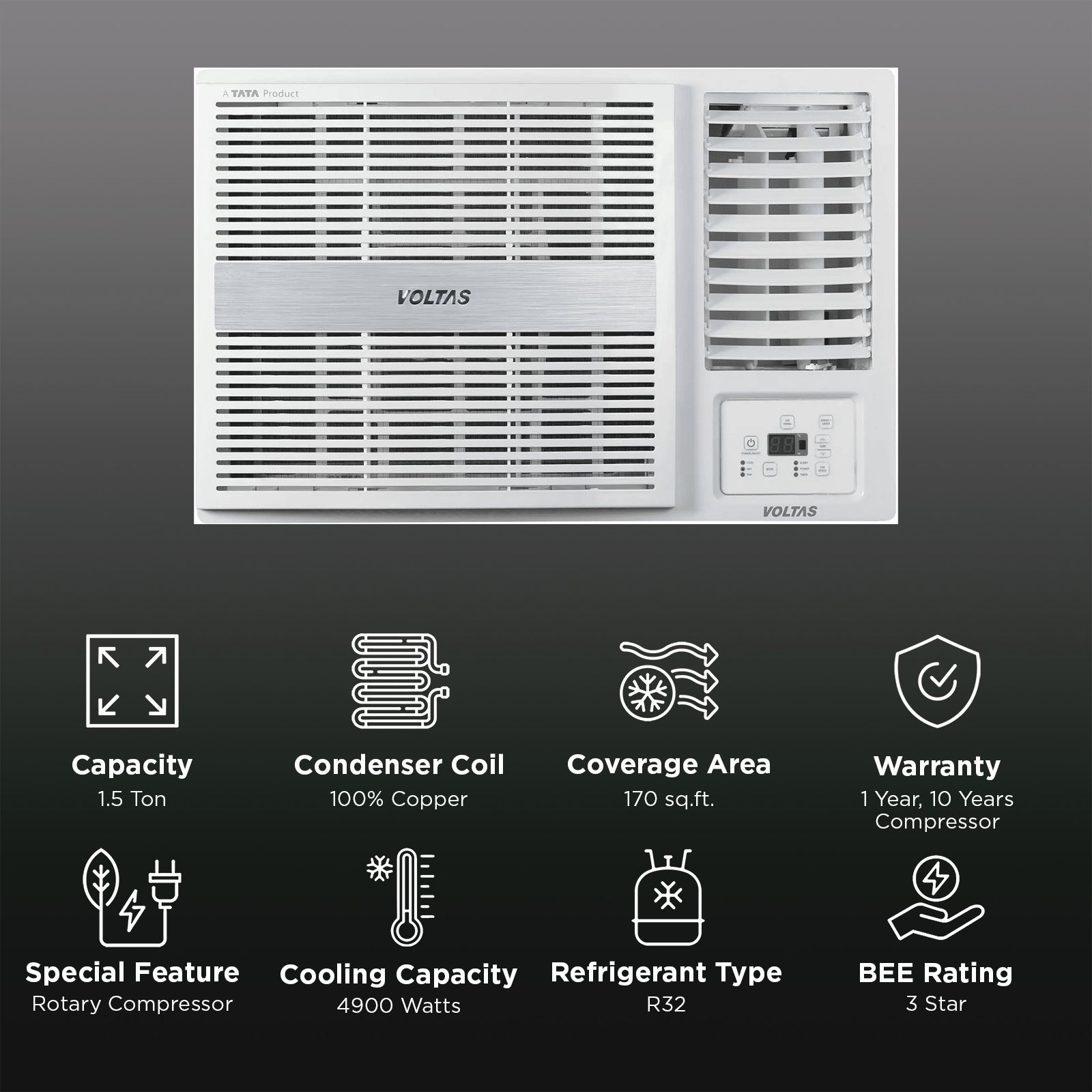 VOLTAS 183V Vertis Pearl 1.5 Ton 3 Star Inverter Window AC (2022 Model, Copper Condenser, Anti-bacteria Filter, 4011470)_2