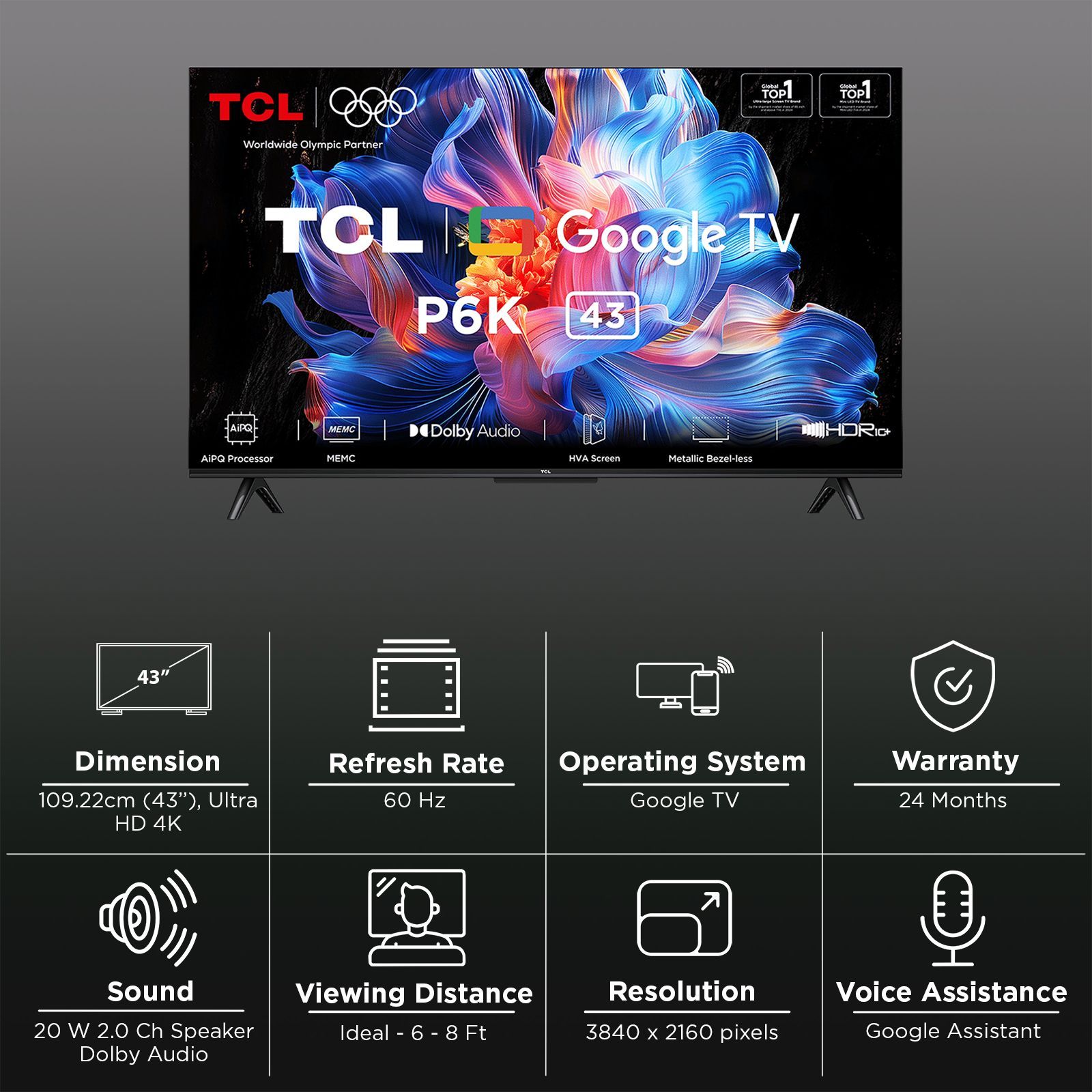 TCL P6K 109.22 cm (43 inch) 4K Ultra HD LED Smart Google TV with Google Voice Assistant (2025 model)_3