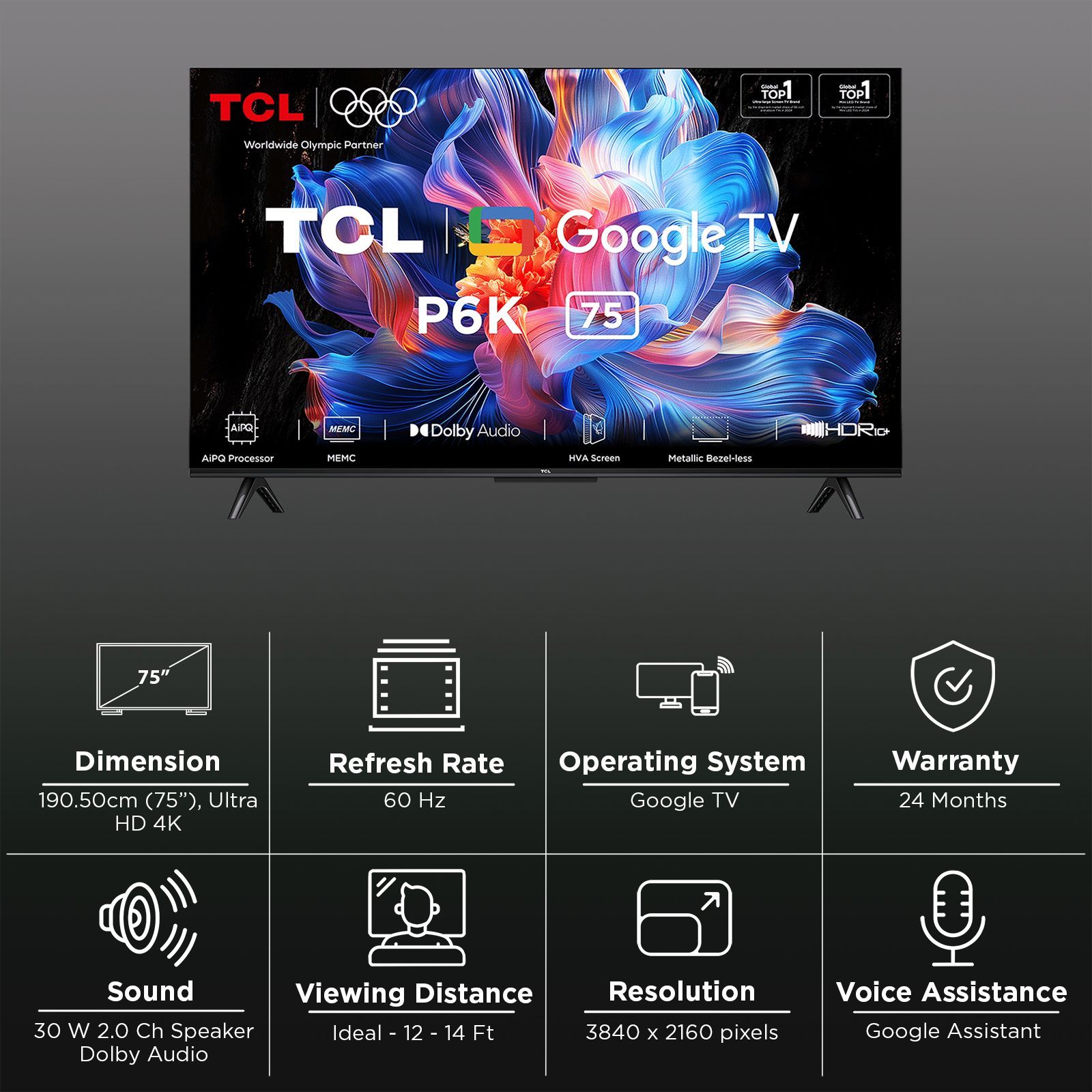 TCL P6K 190.5 cm (75 inch) 4K Ultra HD LED Smart Google TV with Google Voice Assistant (2025 model)_3