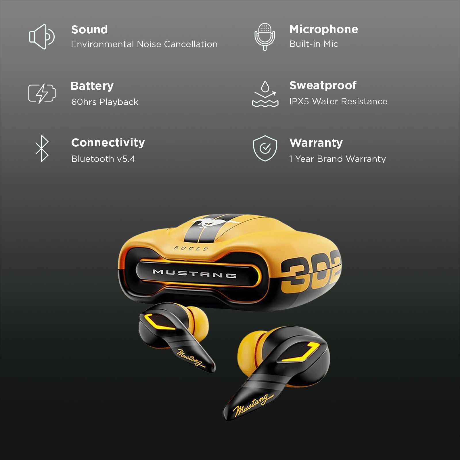 GOBOULT (formerly Boult) Mustang Torq FGTW196YLW TWS Earbuds with Environmental Noise Cancellation (IPX5 Water Resistant, Fast Charging, Yellow)_2