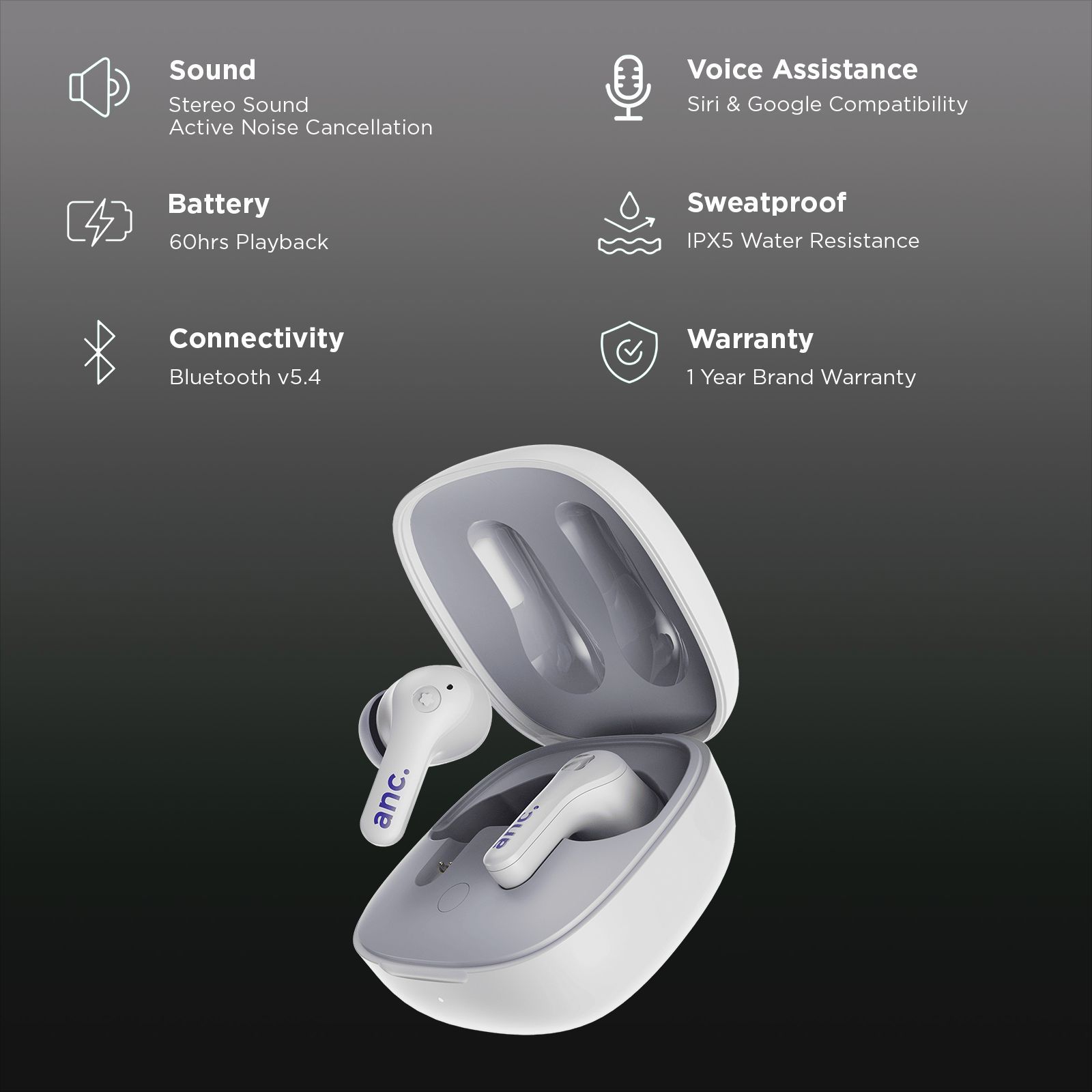 GOBOULT Klarity 4 FGTW245WHT TWS Earbuds with Active Noise Cancellation (IPX5 Water Resistant, Fast Charging, White)_2