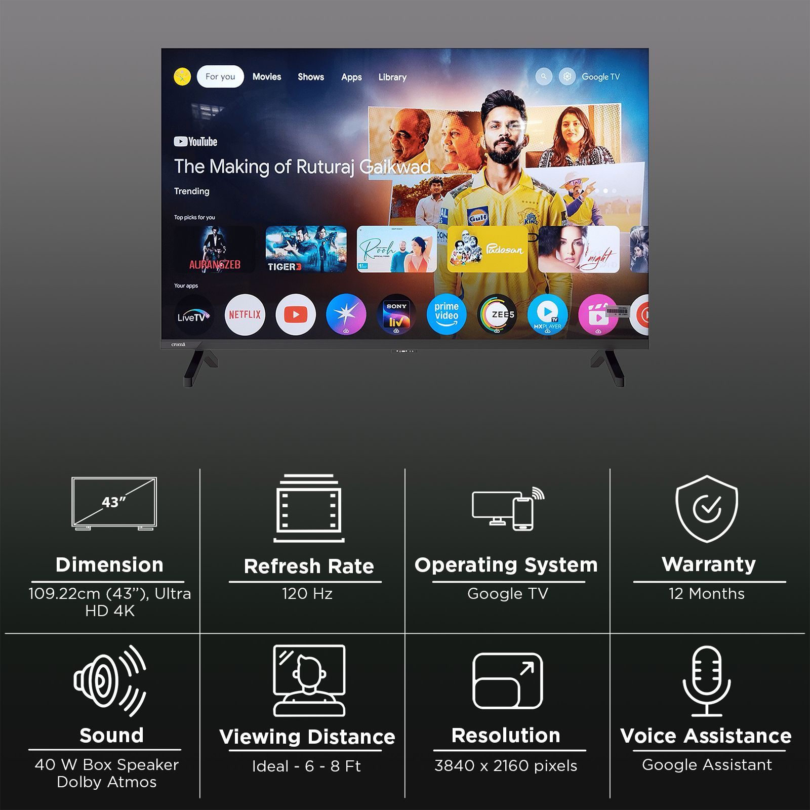 Croma Pro QLED 109.22 cm (43 inch) 4K Ultra HD Google TV with Dolby Vision & Dolby Atmos (2025 Model)_3