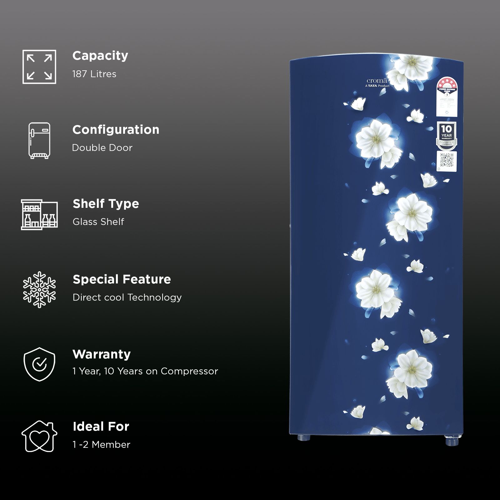 Croma 187 Litres 5 Star Direct Cool Single Door Refrigerator with Inverter Technology (CRLR187DIF302707, Floral Blue)_2