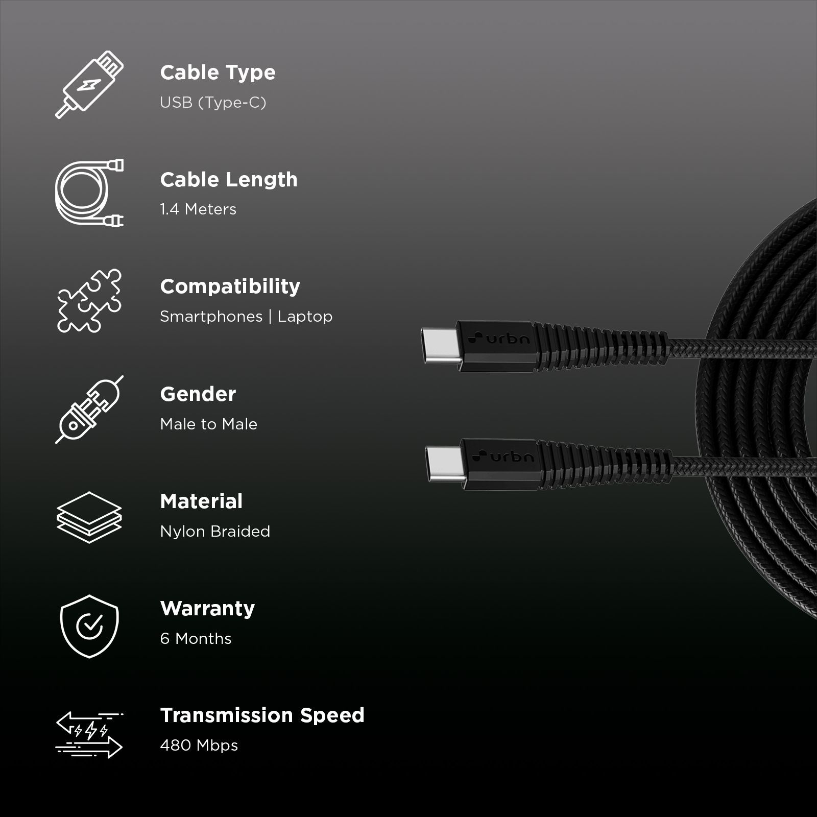 urbn UPC256 Type C to Type C 4.5 Feet (1.4M) Cable (Fast Charging, Black) urbn UPC256 Type C to Type C 4.5 Feet (1.4M) Cable (Fast Charging, Black)_2
