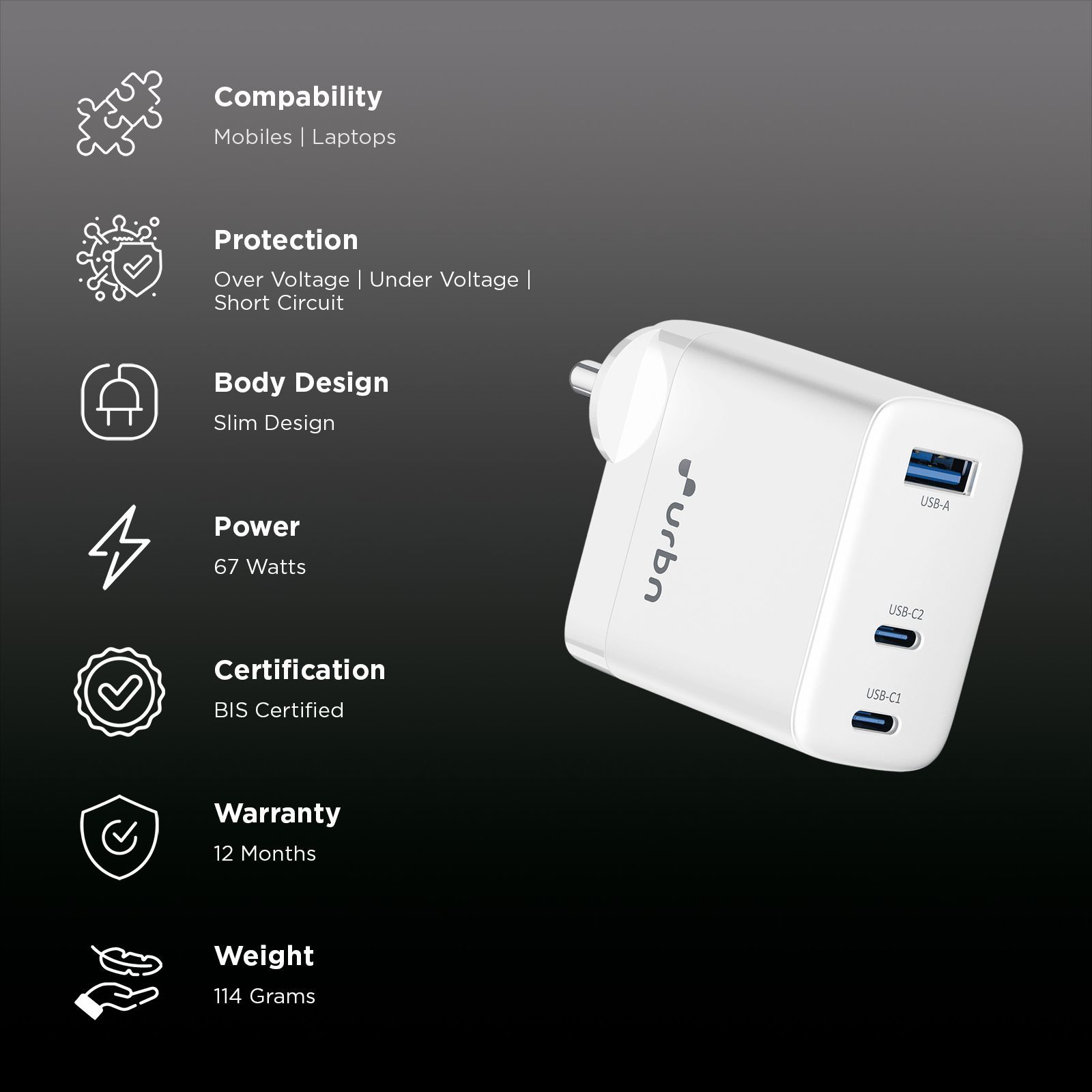 urbn UWA670 67W Type A & Type C 3-Port Fast Charger (Adapter Only, GaN Pro Technology, White)_2