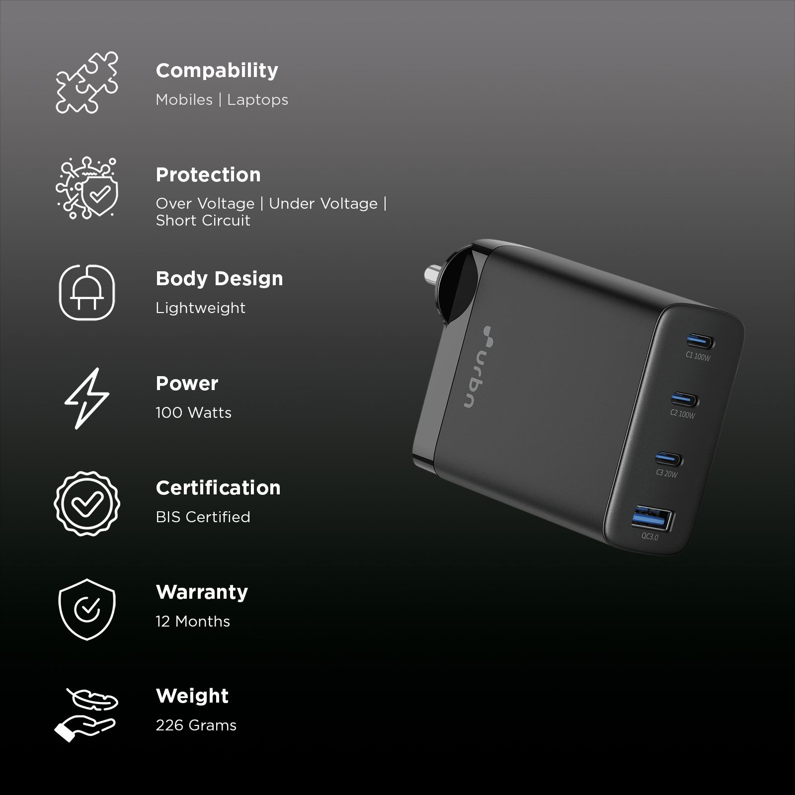 urbn UWA100 100W Type A & Type C 4-Port Fast Charger (Adapter Only, GaN Pro Technology, Black)_2