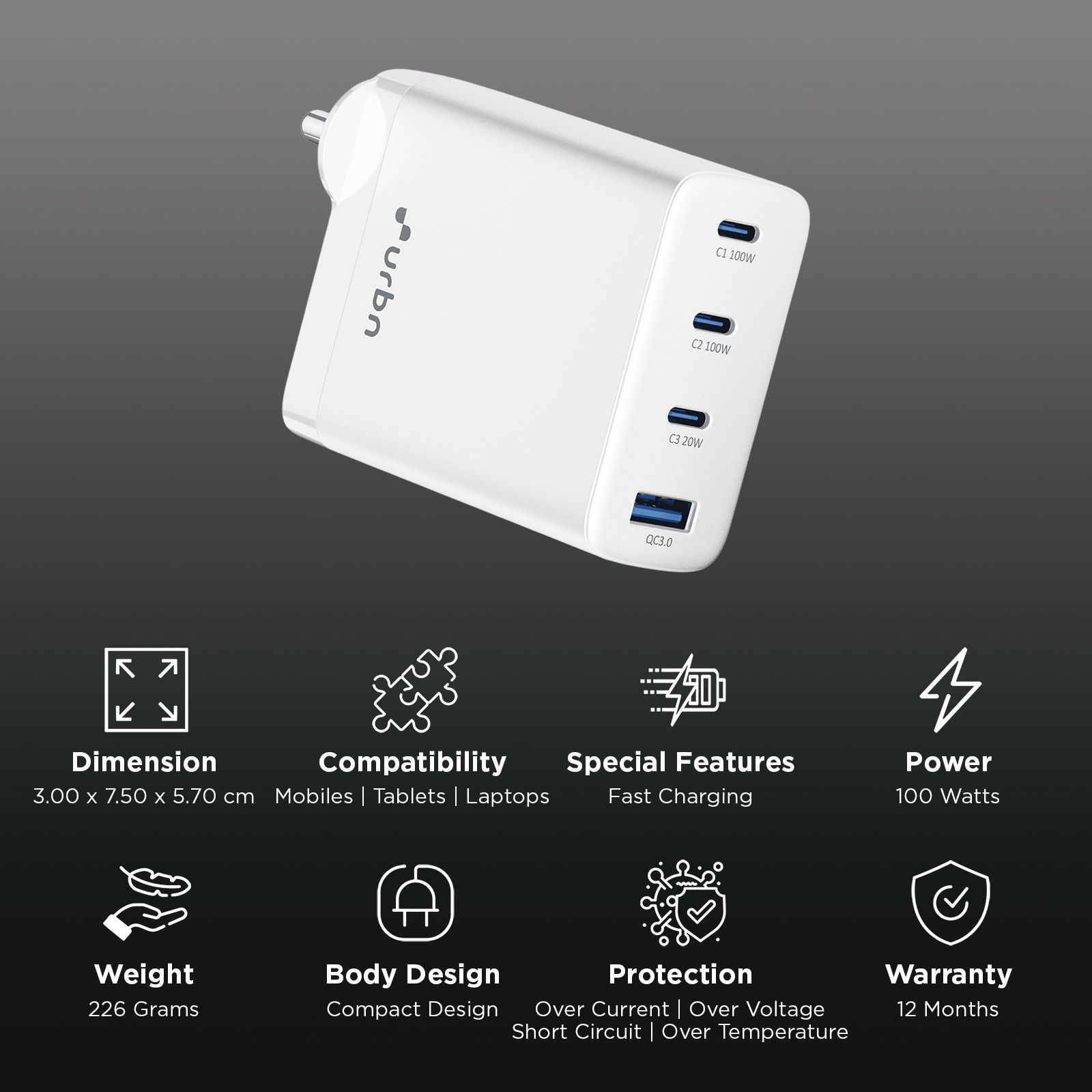 urbn UWA100 100W Type A & Type C 4-Port Fast Charger (Adapter Only, GaN Pro Technology, White) urbn UWA100 100W Type A & Type C 4-Port Fast Charger (Adapter Only, GaN Pro Technology, White)_3