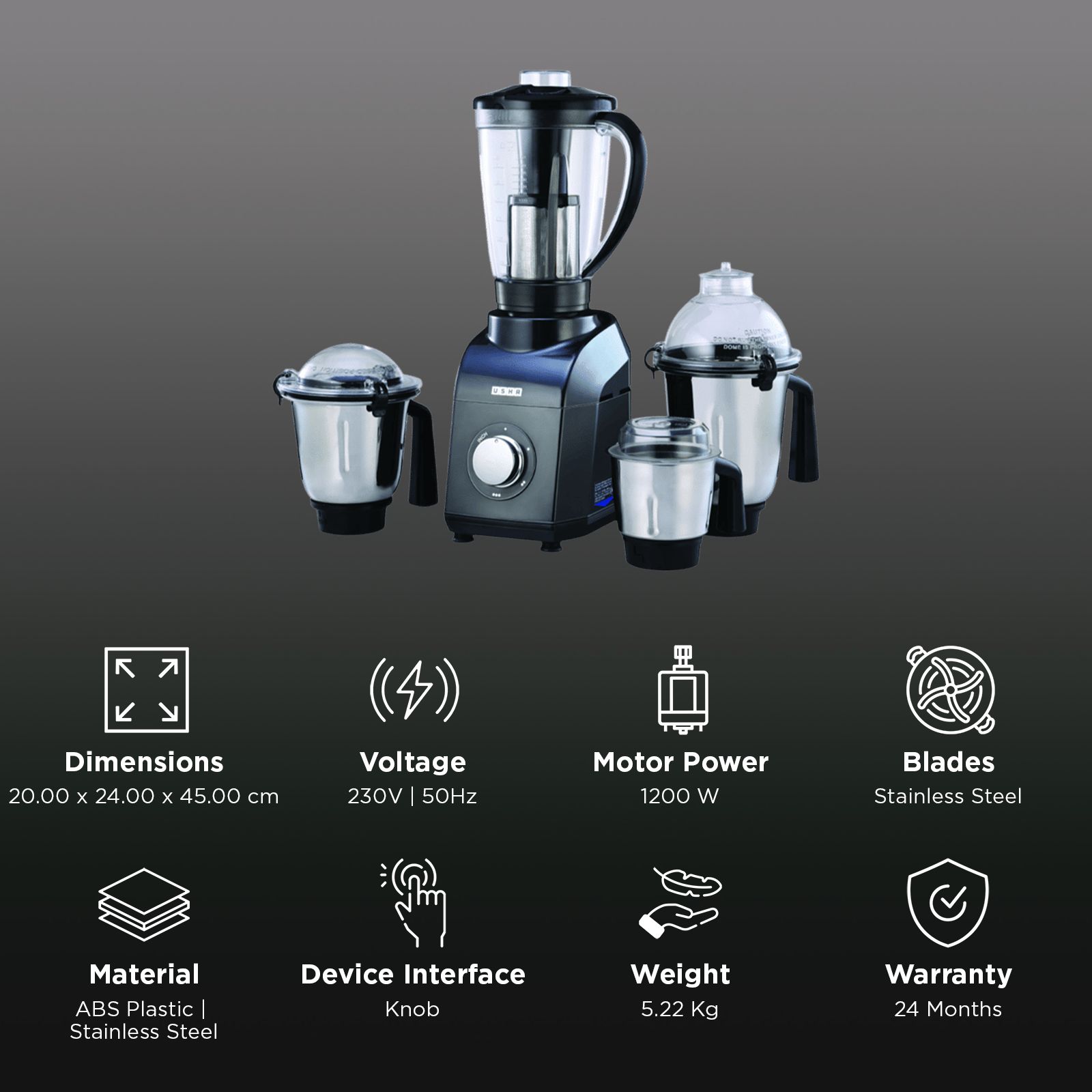 USHA TurboX 1200 Watt 4 Jars Mixer Grinder (3 Speed Setting, Dark Grey)_3