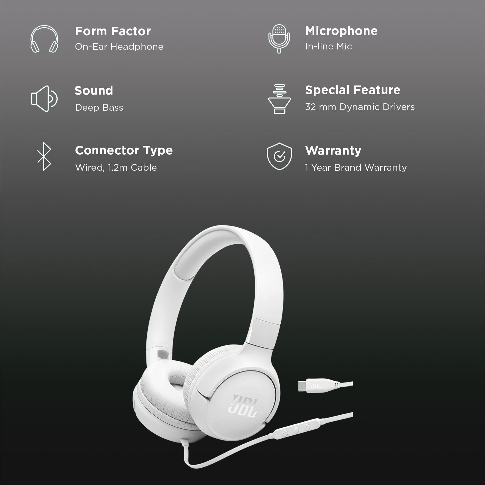 JBL Tune 520C JBLT520CWHT Wired Headphone with Mic (USB Type-C Connector, On Ear, White) JBL Tune 520C JBLT520CWHT Wired Headphone with Mic (USB Type-C Connector, On Ear, White)_2