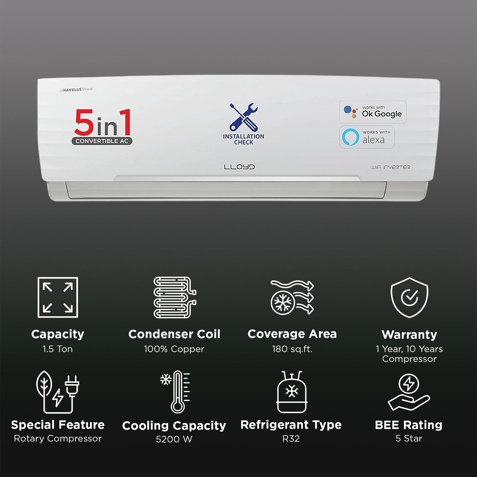 LLOYD 5 in 1 Convertible 1.5 Ton 5 Star Inverter Split Smart AC with Wi-Fi Enabled (2025 Model, Copper Condenser, GLS18V5KWGGR) LLOYD 5 in 1 Convertible 1.5 Ton 5 Star Inverter Split Smart AC with Wi-Fi Enabled (2025 Model, Copper Condenser, GLS18V5KWGGR)_2