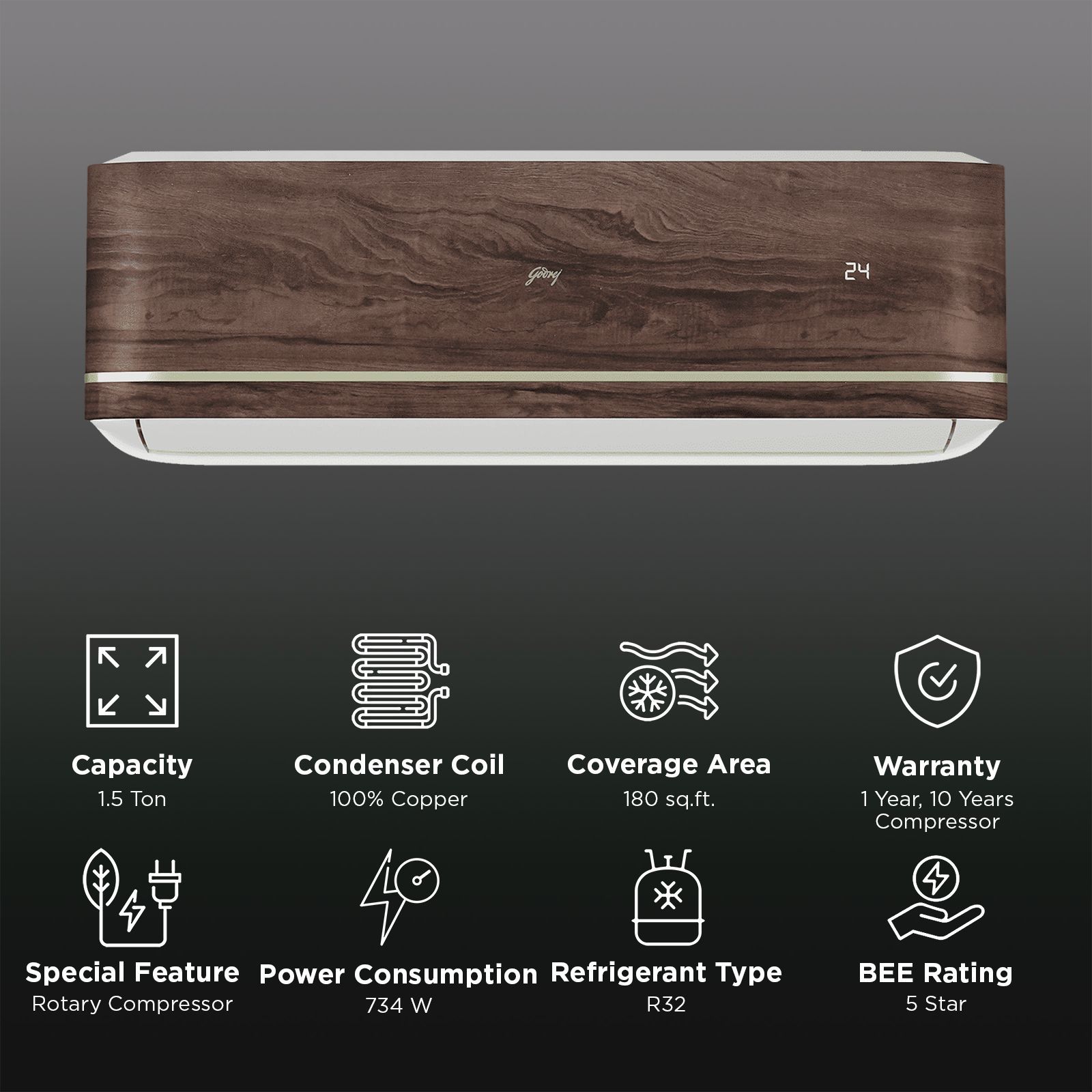 Godrej Vogue Wood SIC 18VTC5 GZP MG Convertible 1.5 Ton 5 Star Inverter Split AC with I-Sense Technology (Copper Condenser, 40101701SD01556) Godrej Vogue Wood SIC 18VTC5 GZP MG Convertible 1.5 Ton 5 Star Inverter Split AC with I-Sense Technology (Copper Condenser, 40101701SD01556)_2