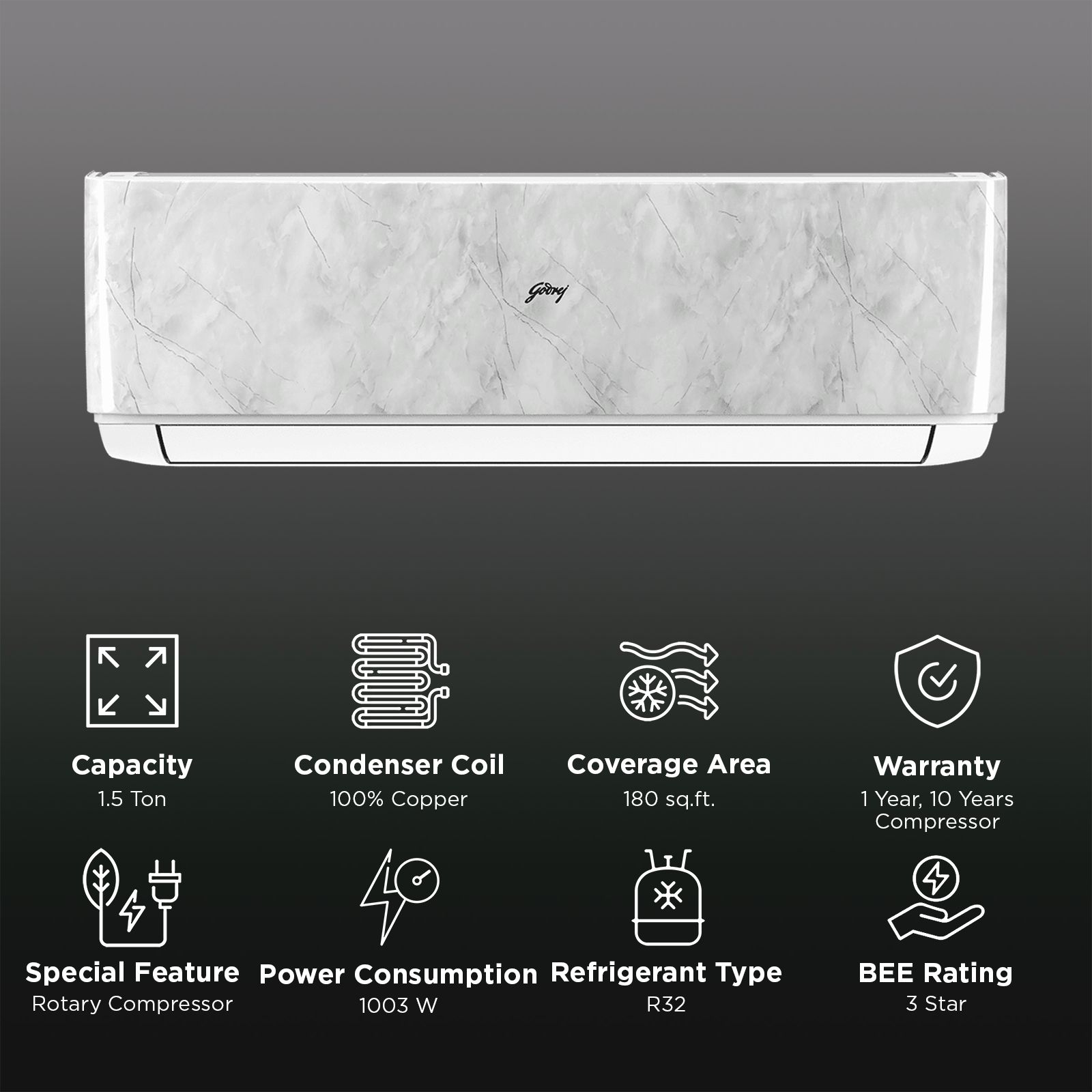 Godrej Vogue Marble SIC 18VTC3 WZA MBW Convertible 1.5 Ton 3 Star Inverter Split AC with I-Sense Technology (Copper Condenser, 40101701SD01590) Godrej Vogue Marble SIC 18VTC3 WZA MBW Convertible 1.5 Ton 3 Star Inverter Split AC with I-Sense Technology (Copper Condenser, 40101701SD01590)_2