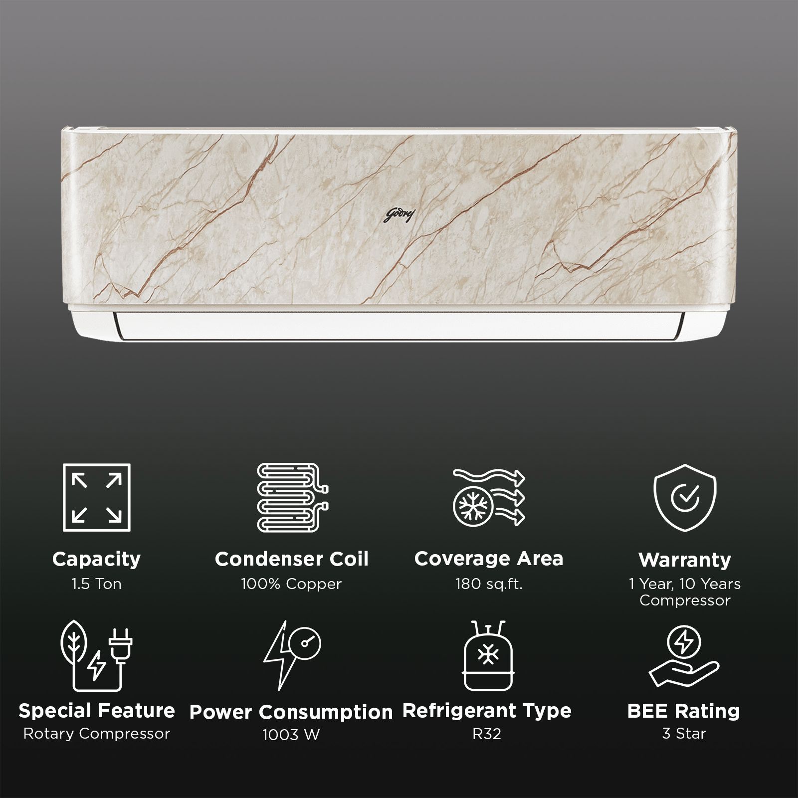 Godrej Vogue Marble SIC 18VTC3 WZA MBB Convertible 1.5 Ton 3 Star Inverter Split AC with I-Sense Technology (Copper Condenser, 40101701SD01591) Godrej Vogue Marble SIC 18VTC3 WZA MBB Convertible 1.5 Ton 3 Star Inverter Split AC with I-Sense Technology (Copper Condenser, 40101701SD01591)_2