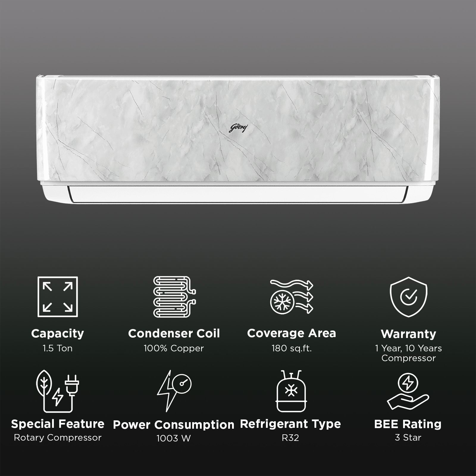 Godrej Vogue Marble SIC 18VTC3 WZQ MBW IOT Convertible 1.5 Ton 3 Star Inverter Split AC with App Control (2025 Model, Copper Condenser, 40101701SD01572) Godrej Vogue Marble SIC 18VTC3 WZQ MBW IOT Convertible 1.5 Ton 3 Star Inverter Split AC with App Control (2025 Model, Copper Condenser, 40101701SD01572)_2